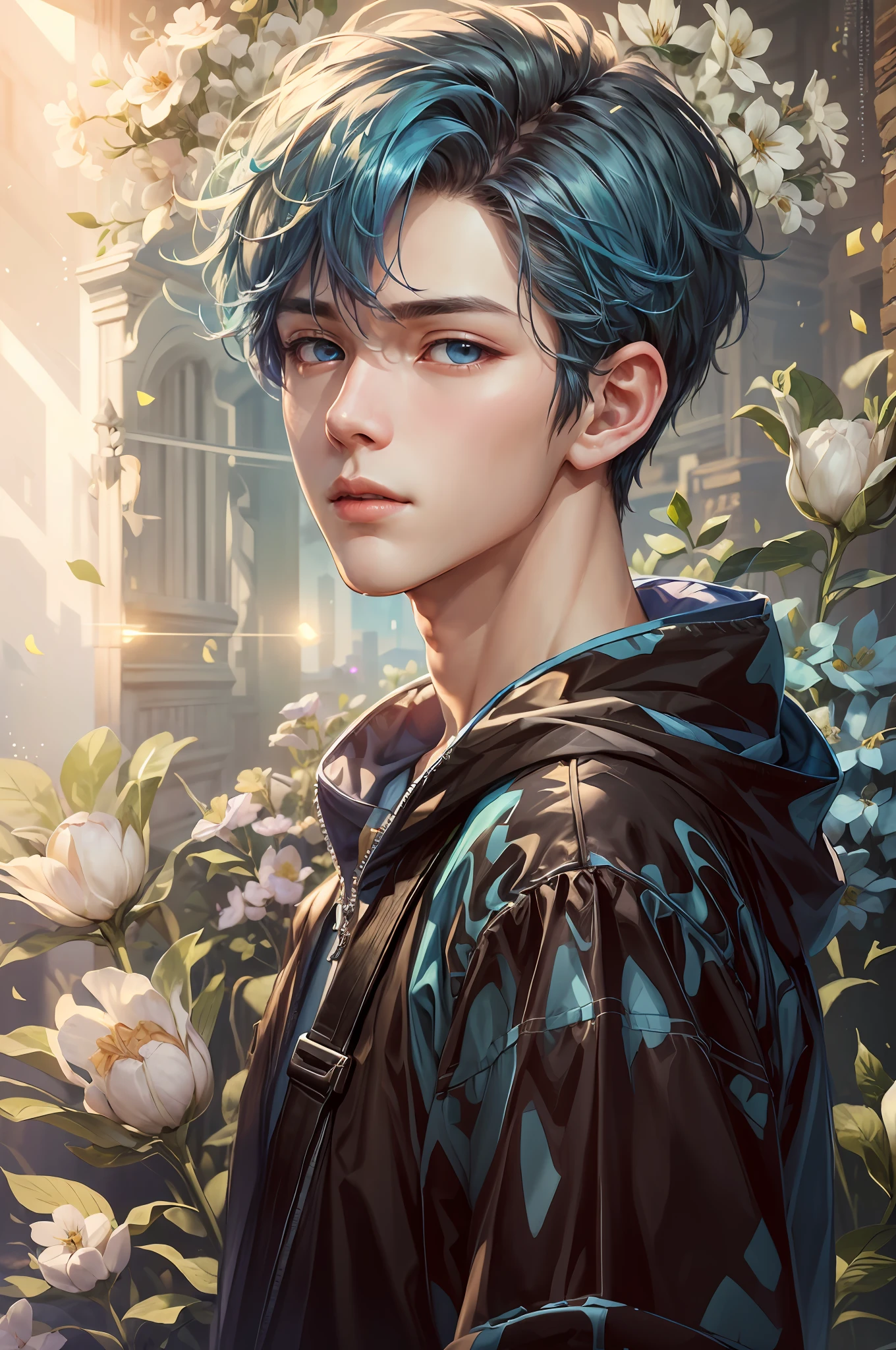 (absurdres, highres, ultra detailed, HDR), masterpiece, best quality, 1boy, handsome, short hair, finely eye and detailed face, (kpop boy male clothings), dimple, soft aesthetic, pale skin, pale blue eyes, soft flowers ((half body shot))