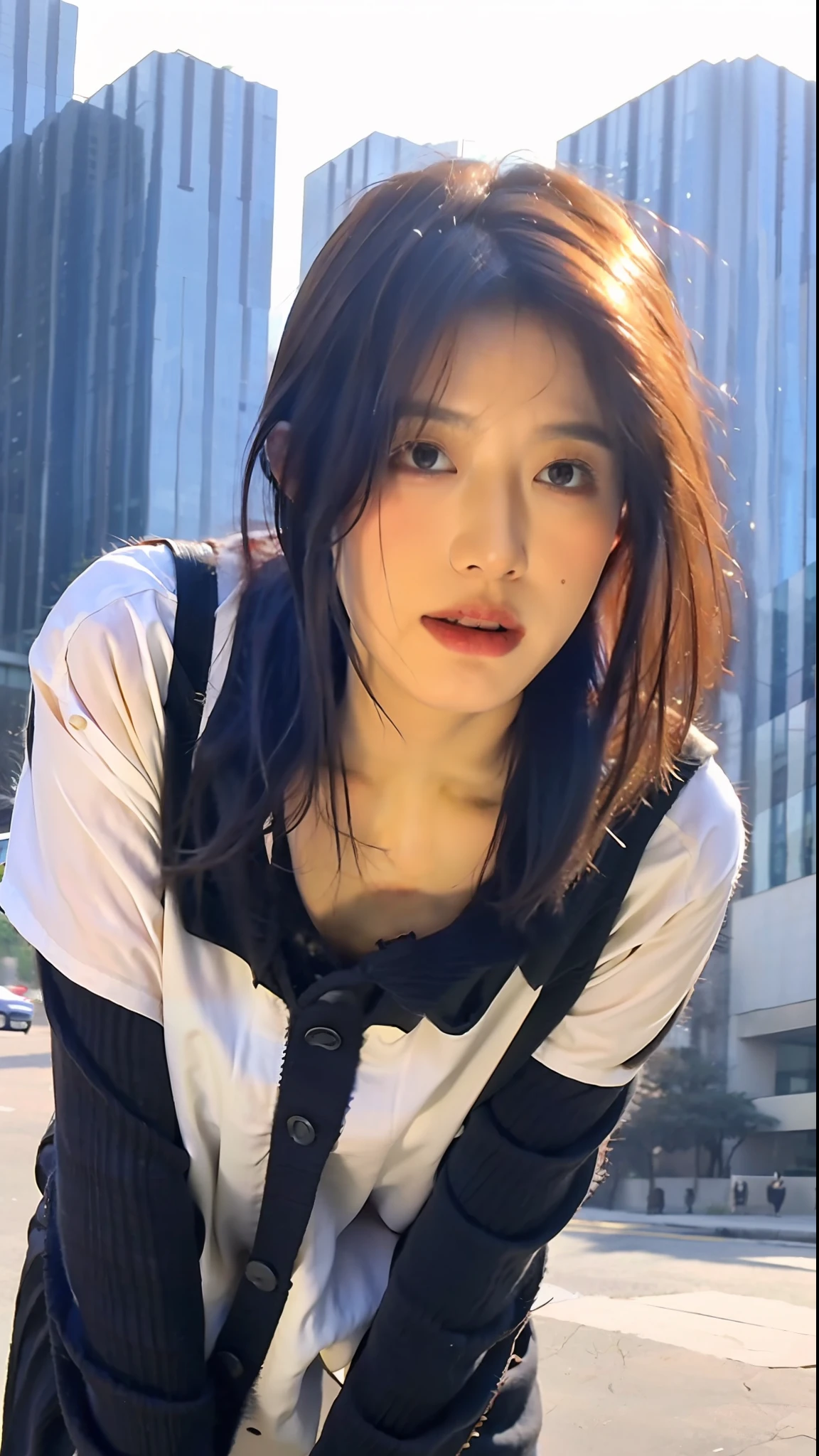 (Best quality, 8k, 32k, Masterpiece, UHD:1.2),Photo of Pretty Japanese woman,black short hair,beauty face,(leaning forward:1.3),squatting,(from above:1.2),(close up:1.4),pov,loose t-shirt,large breasts,(beautiful nipple slip:0.9),outdoors,windy,shiny skin,blurry background,