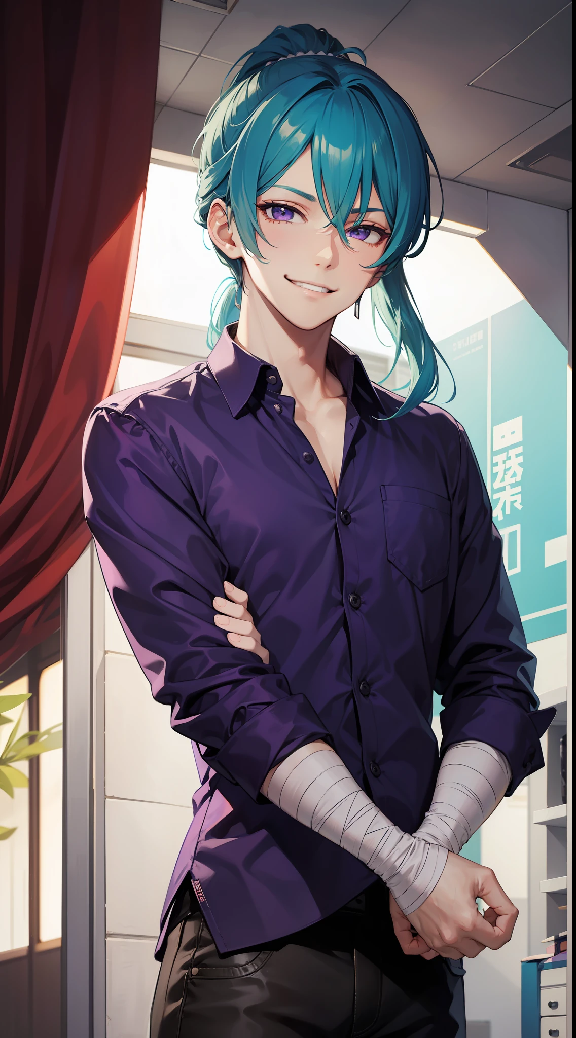 Young guy, long turquoise hair, high ponytail, violet eyes, purple shirt, open torso, bandages on the hands, smirk, Masterpiece, hiquality