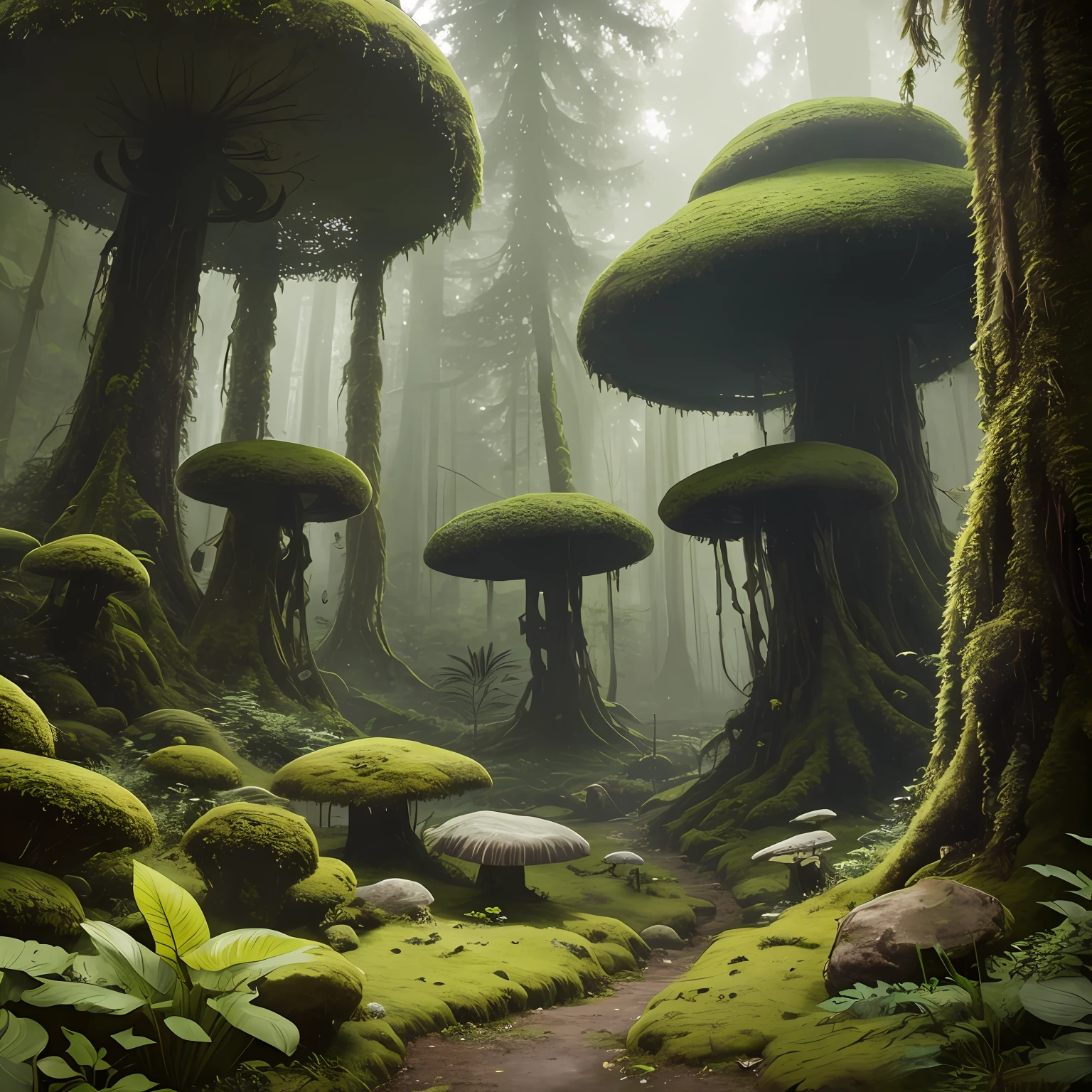 /imagine prompt: A huge fungus plant in the distance，In the foreground there is a mossy rock Rainforest::1.3 --auto
