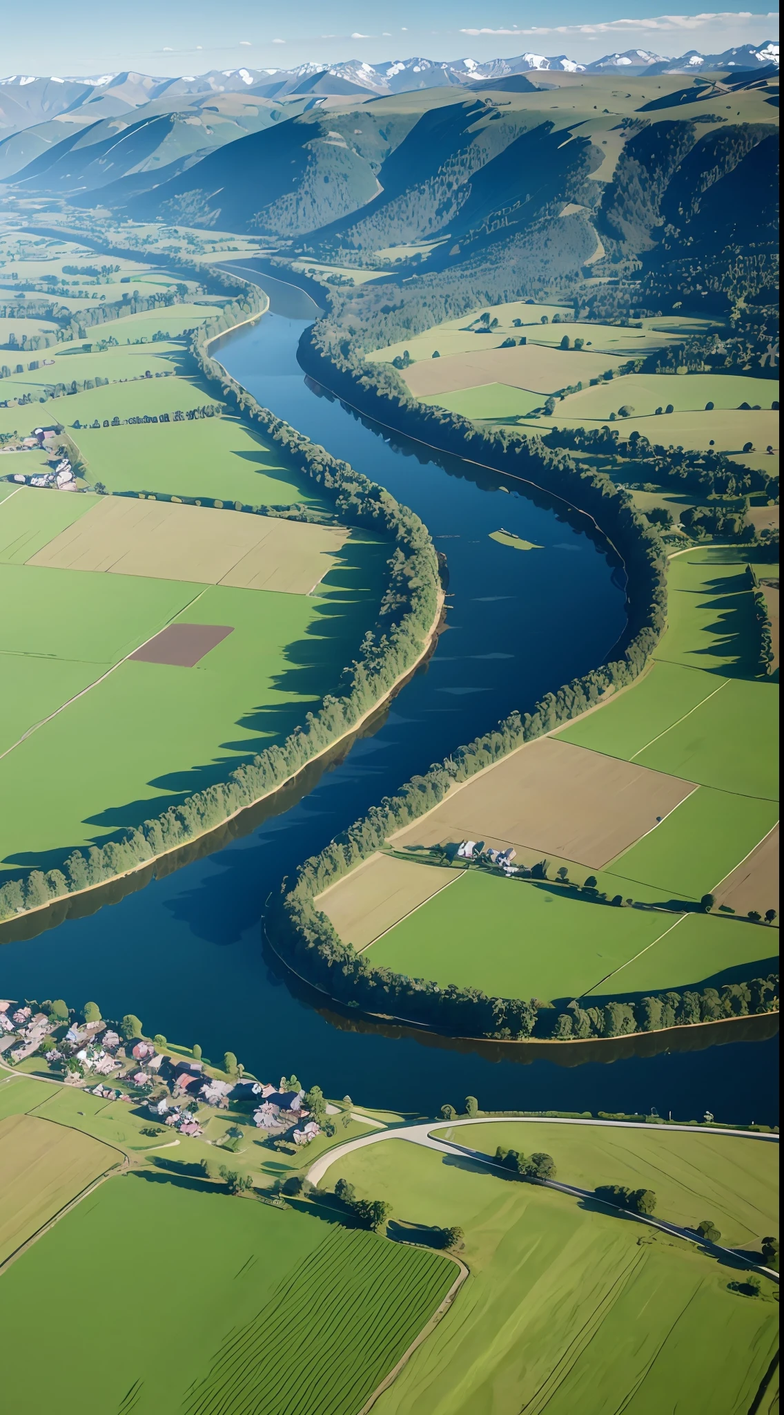 aerial perspective photo of a rural region with green fields, lakes and cows, with hills in the background --auto