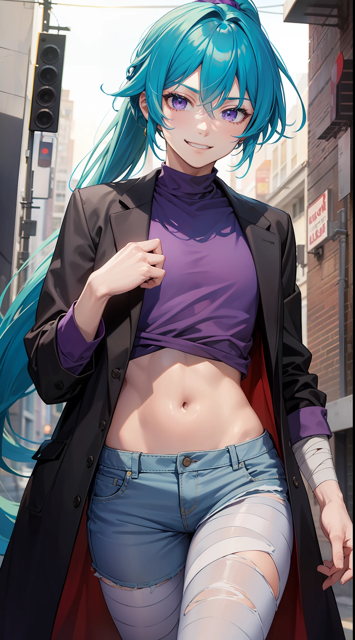Young guy, long turquoise hair, high ponytail, violet eyes, purple shirt, open torso, bandages on the hands, smirk, Masterpiece, hiquality