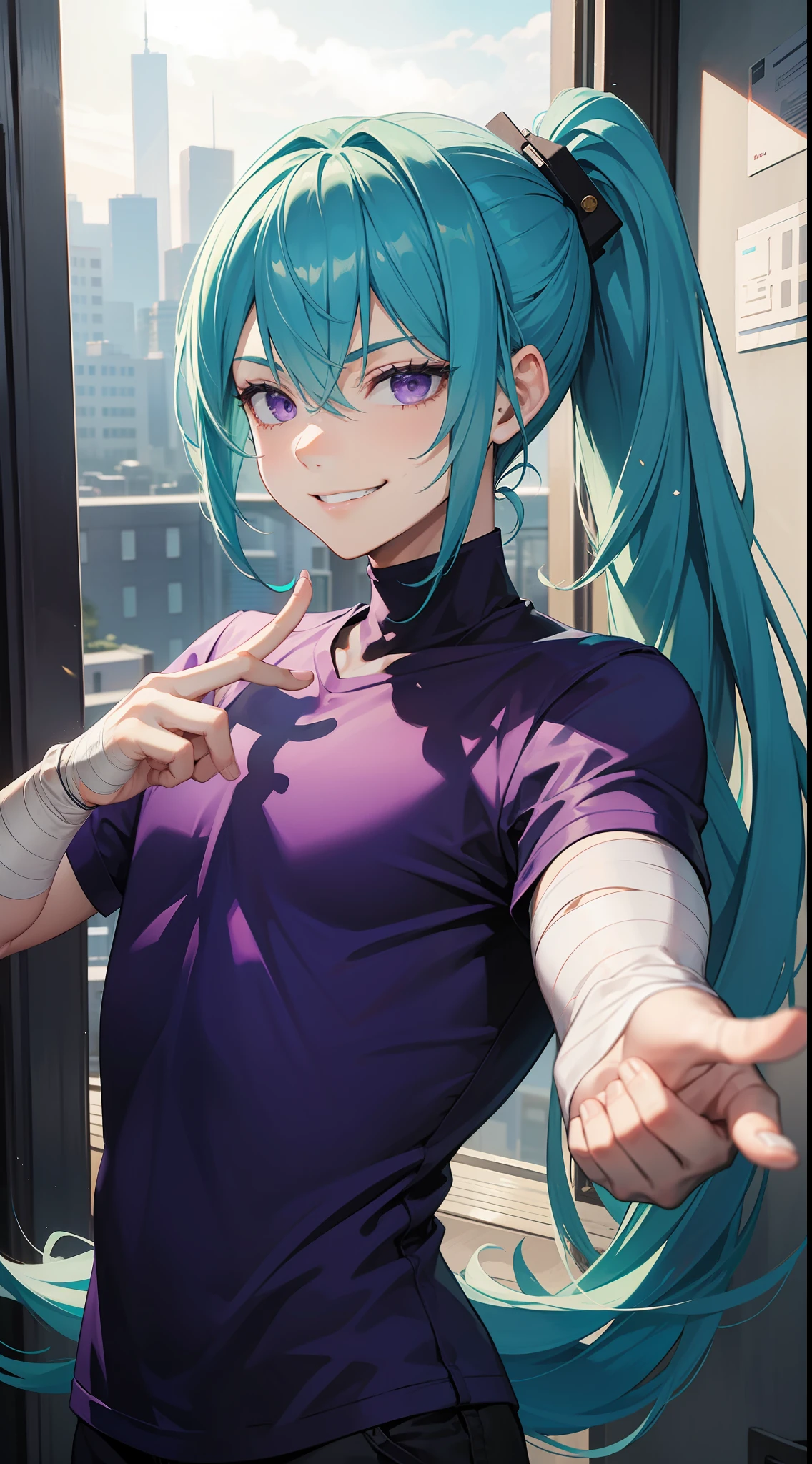 Young guy, long turquoise hair, high ponytail, violet eyes, purple shirt, open torso, bandages on the hands, smirk, Masterpiece, hiquality
