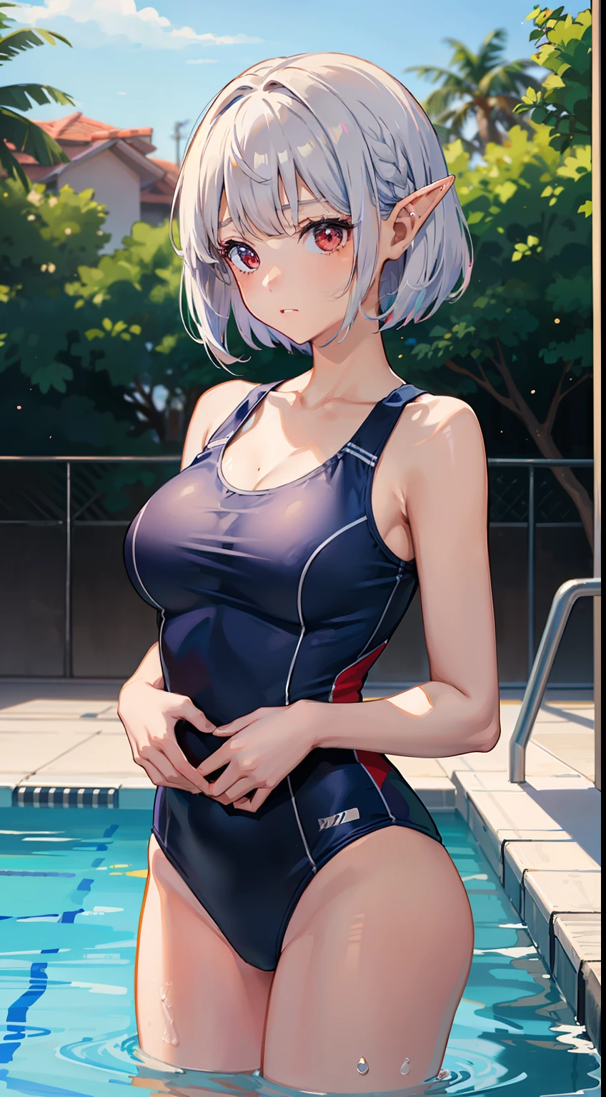 ((Embarrassing)), ((Put your hands on your chest)), ((Slouched)), 1 Whole body of a girl, elvish, ((silber hair)), Red Eyes, bob cuts, Braided hair, ((School swim wear)), One Piece Swimsuit, Navy blue swimsuit, Outdoor pool, slim figure, speculum, gender change, concept-art, beautiful anime scene, Beautiful anime scenery, top-quality, masterpiece