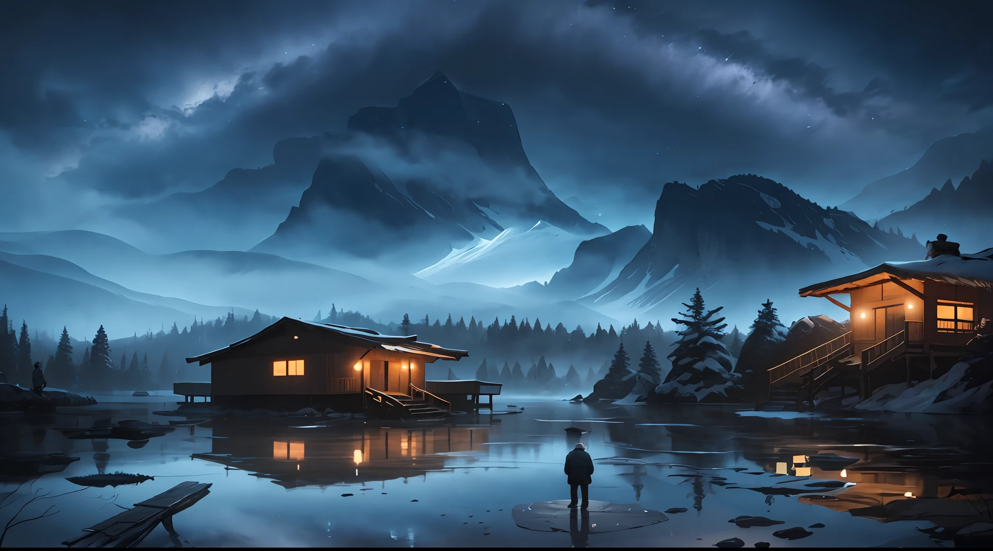 Night view of a man standing in front of a hut by the lake, calm evening. Digital illustration, 4k highly detailed digital art, 8K stunning artwork, 4k hd matte digital painting, 8 k resolution digital painting, 8k resolution digital painting, Beautiful digital artwork, matte digital painting, dark but detailed digital art, epic digital art illustration, stunning digital painting