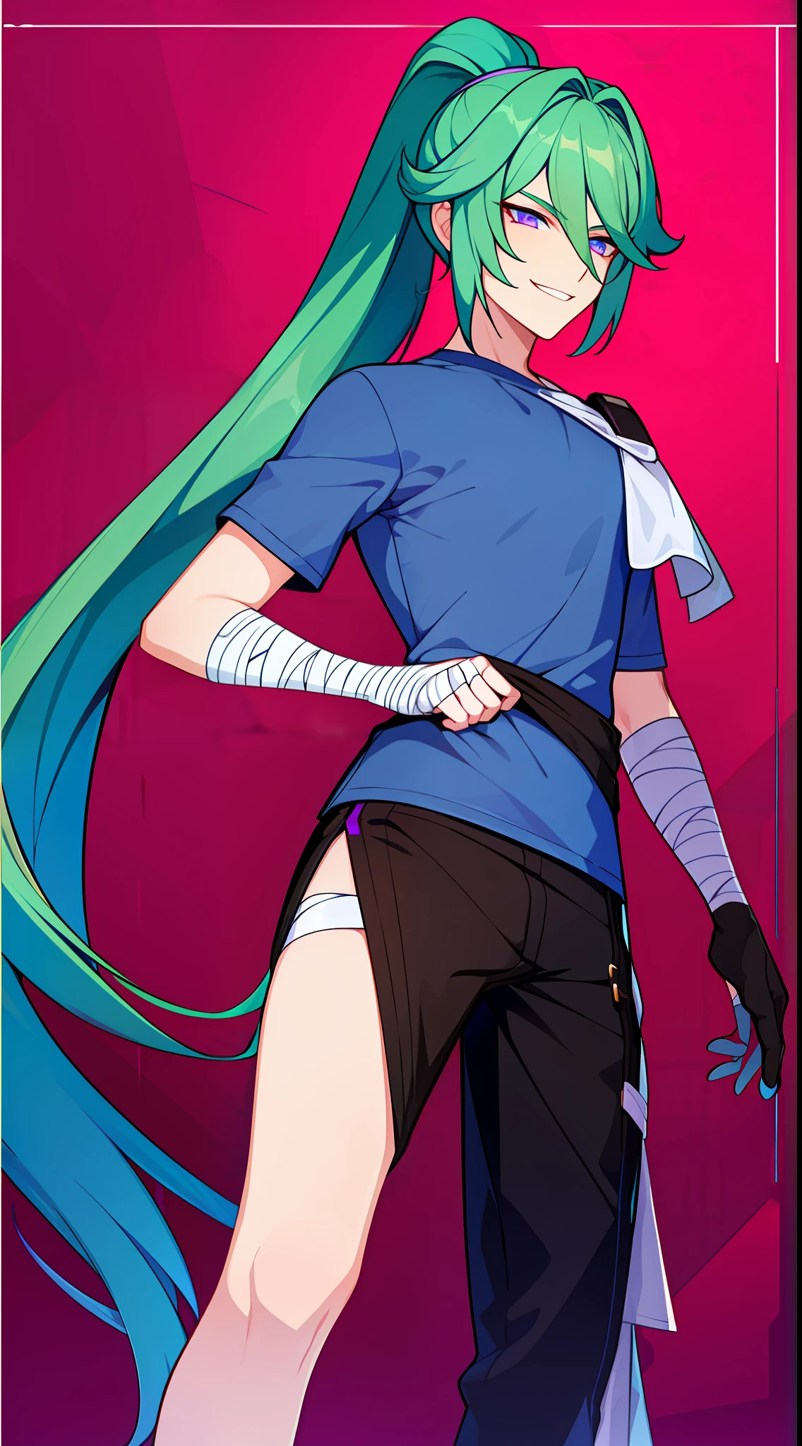 Young guy, long turquoise hair, high ponytail, violet eyes, purple shirt, open torso, bandages on the hands, smirk, Masterpiece, hiquality