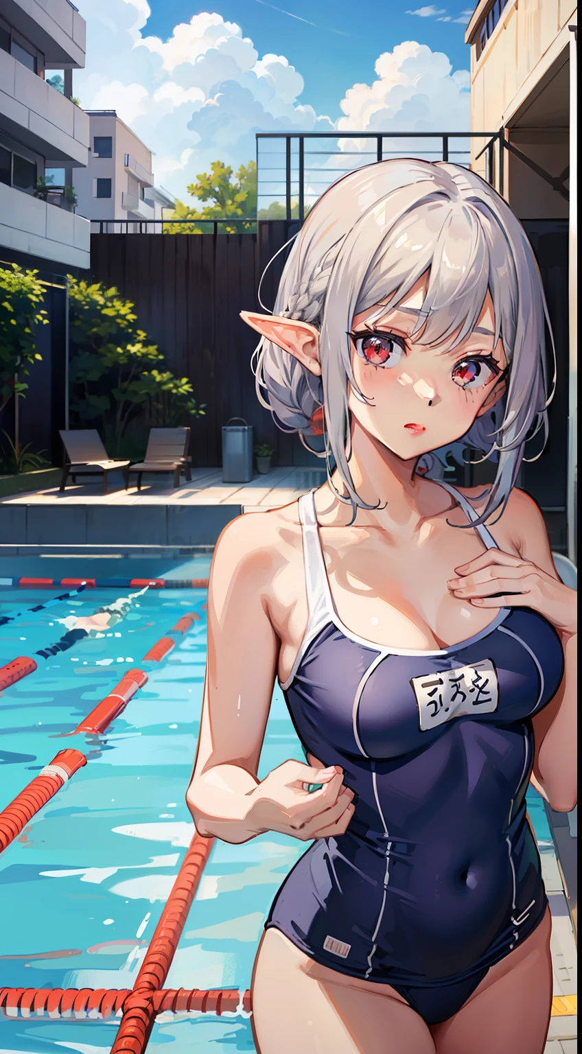 ((Embarrassing)), ((Put your hands on your chest)), ((Slouched)), 1 Whole body of a girl, elvish, ((silber hair)), Red Eyes, bob cuts, Braided hair, ((School swim wear)), One Piece Swimsuit, Navy blue swimsuit, Outdoor pool, slim figure, speculum, gender change, concept-art, beautiful anime scene, Beautiful anime scenery, top-quality, ​masterpiece