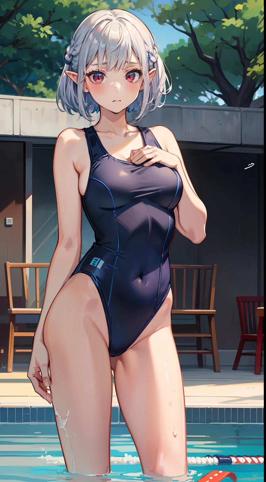 ((Embarrassing)), ((Put your hands on your chest)), ((Slouched)), 1 Whole body of a girl, elvish, ((silber hair)), Red Eyes, bob cuts, Braided hair, ((School swim wear)), One Piece Swimsuit, Navy blue swimsuit, Outdoor pool, slim figure, speculum, gender change, concept-art, beautiful anime scene, Beautiful anime scenery, top-quality, ​masterpiece