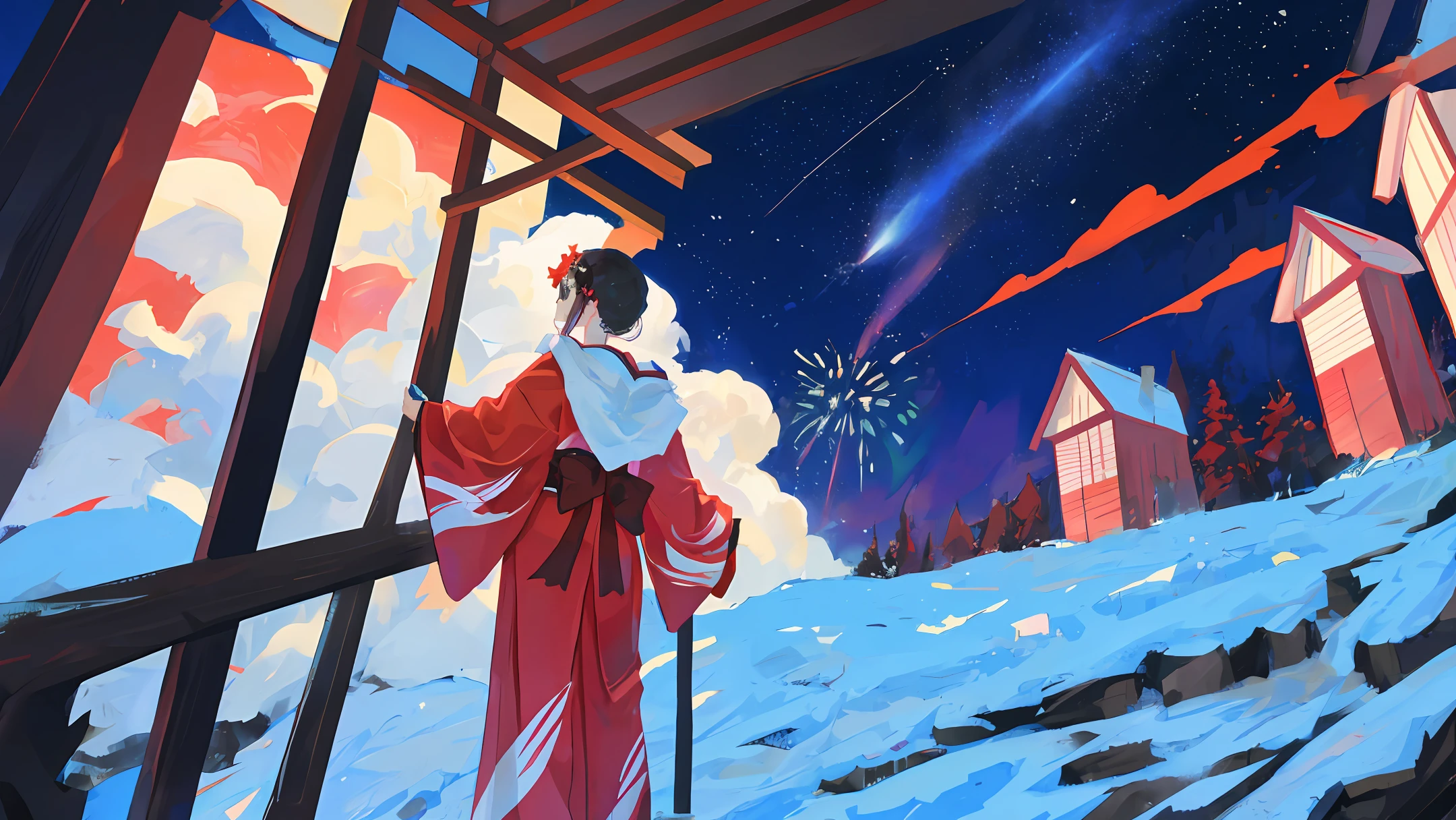 1人、Distant girl in kimono stares at fireworks(zoomed out:1.1)、(Meteor swarm:1.2)、(comets:1.1)、yourname、low angles、from the rear、Arrowlaboralis shooting star、bathrobe、red kimono、cherry trees、Highest quality standing in the field、masterwork、clouds、colourfull、starrysky、stele、