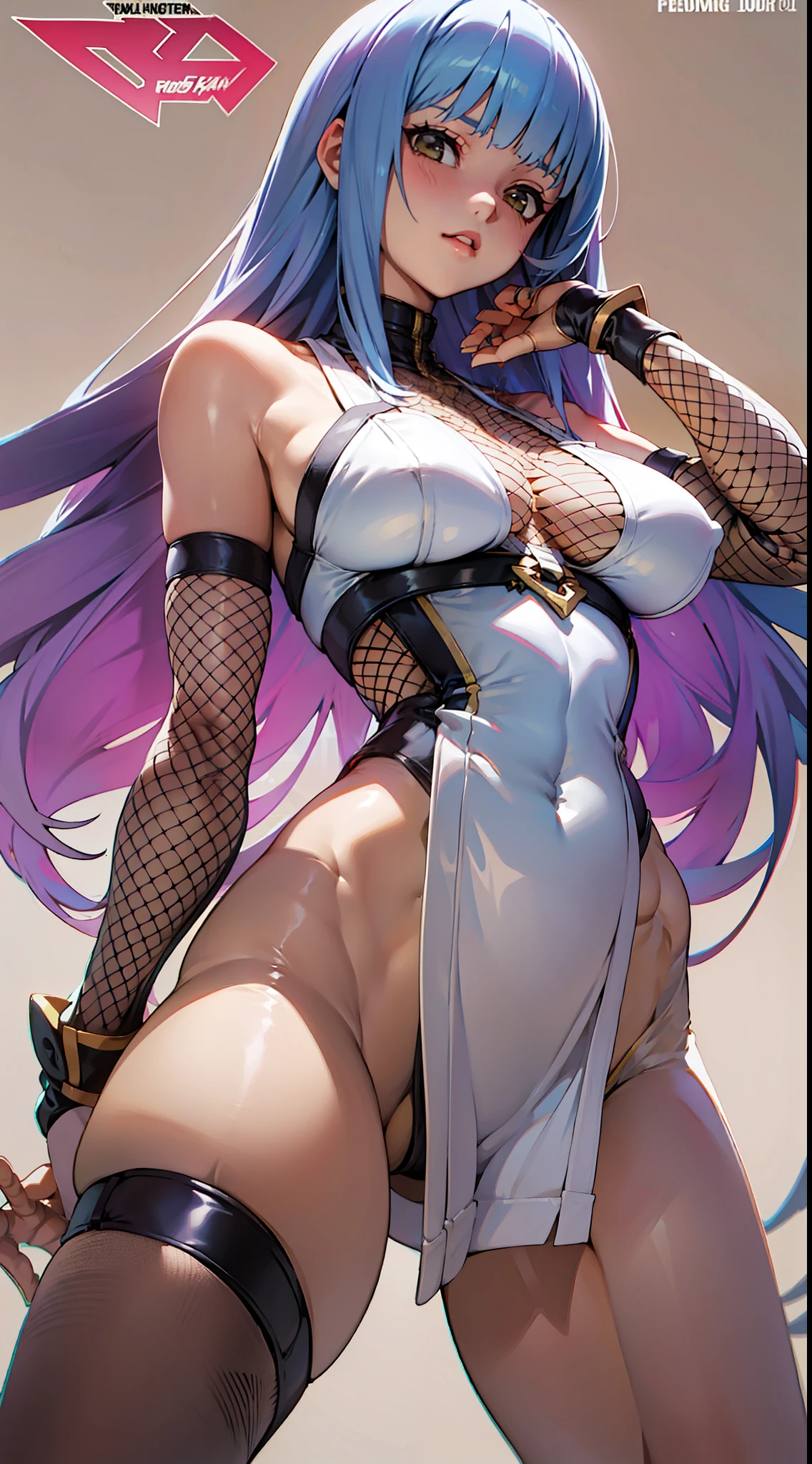 kula(The King of Fighters),Light yellow background,Comic cover style,Premium comic titles,self-shot,Expose abs,Slim figure,cropped shoulders,huge tit,White dress at the bottom,Mesh garment,Fleshy thighs,Below the waist are mesh stockings,Masterpiece,hyper-detailed face,Deep rendering