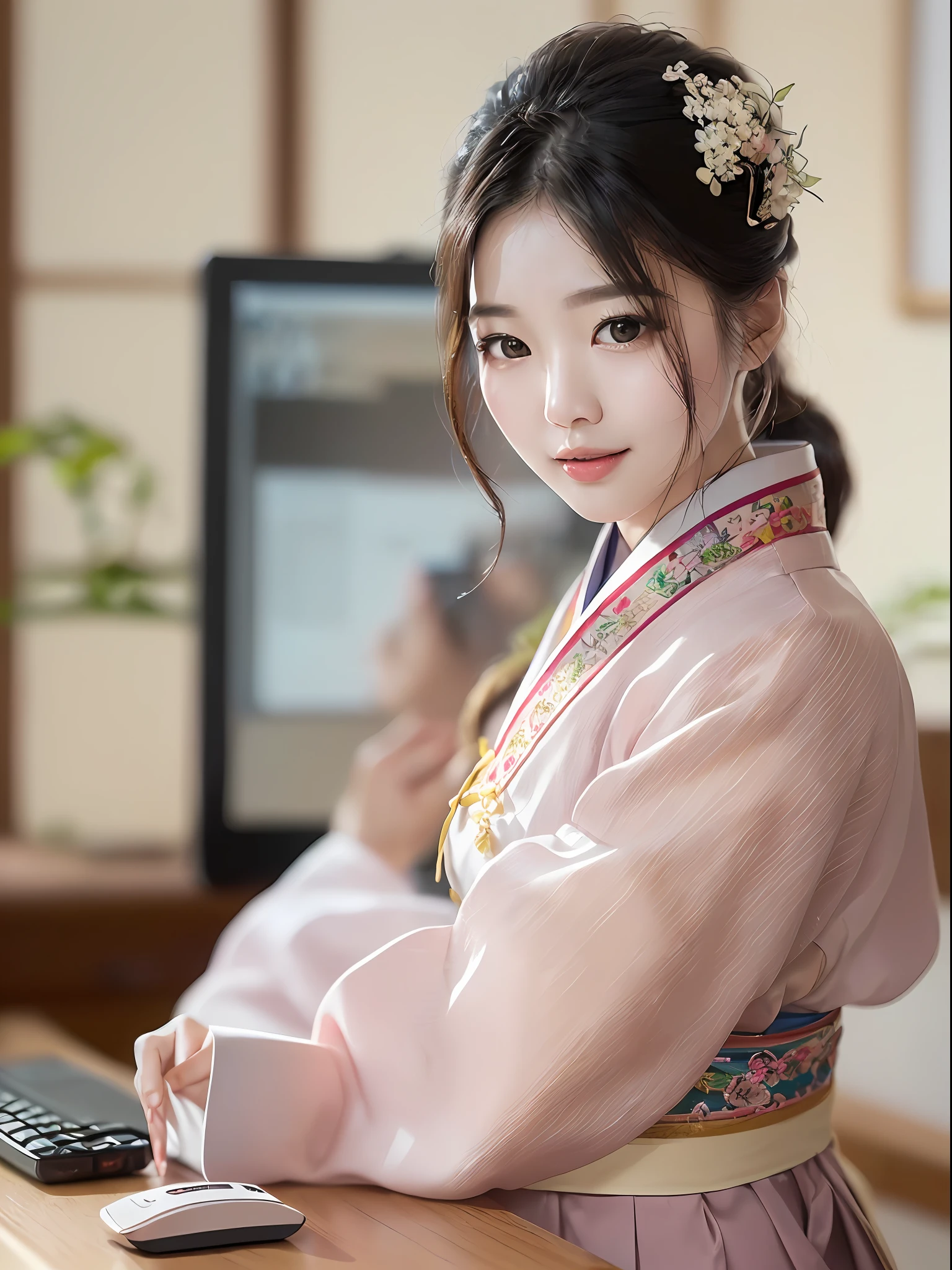 (masterpiece, high resolution, photo-realistic:1.4), (beautiful Korean woman:1.3), (graceful and composed:1.2), (traditional Korean hanbok with a modern twist:1.2), (subtle embroidery details:1.1), (bright and warm color palette:1.1), (effortless elegance:1.2), (gentle smile:1.2), (bright eyes reflecting joy:1.1), (serene workplace setting:1.2), (sleek and modern office interior:1.2), (sunlit room with soft shadows:1.2), (elegant desk with cherry wood finish:1.1), (stylish computer monitor:1.1), (sophisticated keyboard and mouse:1.1), (neatly arranged stationery:1.1), (brand new Samsung Galaxy camera:1.2), (equipped with a top-of-the-line Canon EF 50mm f/1.2L USM lens:1.2), (capturing every detail with precision:1.2), (professional and artistic approach:1.1), (ambient lighting enhancing the scene:1.1), (harmonious fusion of modern and traditional elements:1.2).