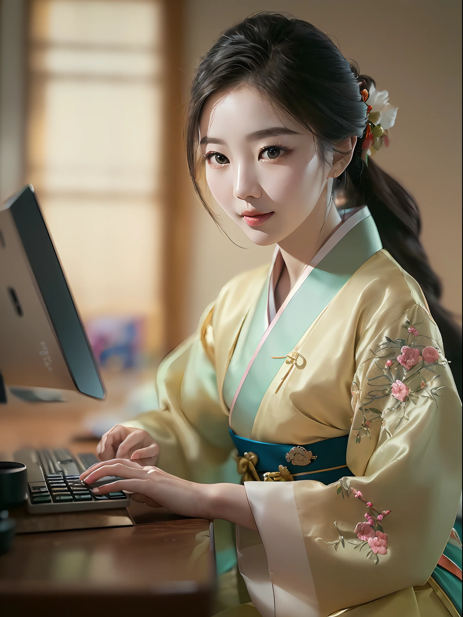 (masterpiece, high resolution, photo-realistic:1.4), (beautiful Korean woman:1.3), (graceful and composed:1.2), (traditional Korean hanbok with a modern twist:1.2), (subtle embroidery details:1.1), (bright and warm color palette:1.1), (effortless elegance:1.2), (gentle smile:1.2), (bright eyes reflecting joy:1.1), (serene workplace setting:1.2), (sleek and modern office interior:1.2), (sunlit room with soft shadows:1.2), (elegant desk with cherry wood finish:1.1), (stylish computer monitor:1.1), (sophisticated keyboard and mouse:1.1), (neatly arranged stationery:1.1), (brand new Samsung Galaxy camera:1.2), (equipped with a top-of-the-line Canon EF 50mm f/1.2L USM lens:1.2), (capturing every detail with precision:1.2), (professional and artistic approach:1.1), (ambient lighting enhancing the scene:1.1), (harmonious fusion of modern and traditional elements:1.2).