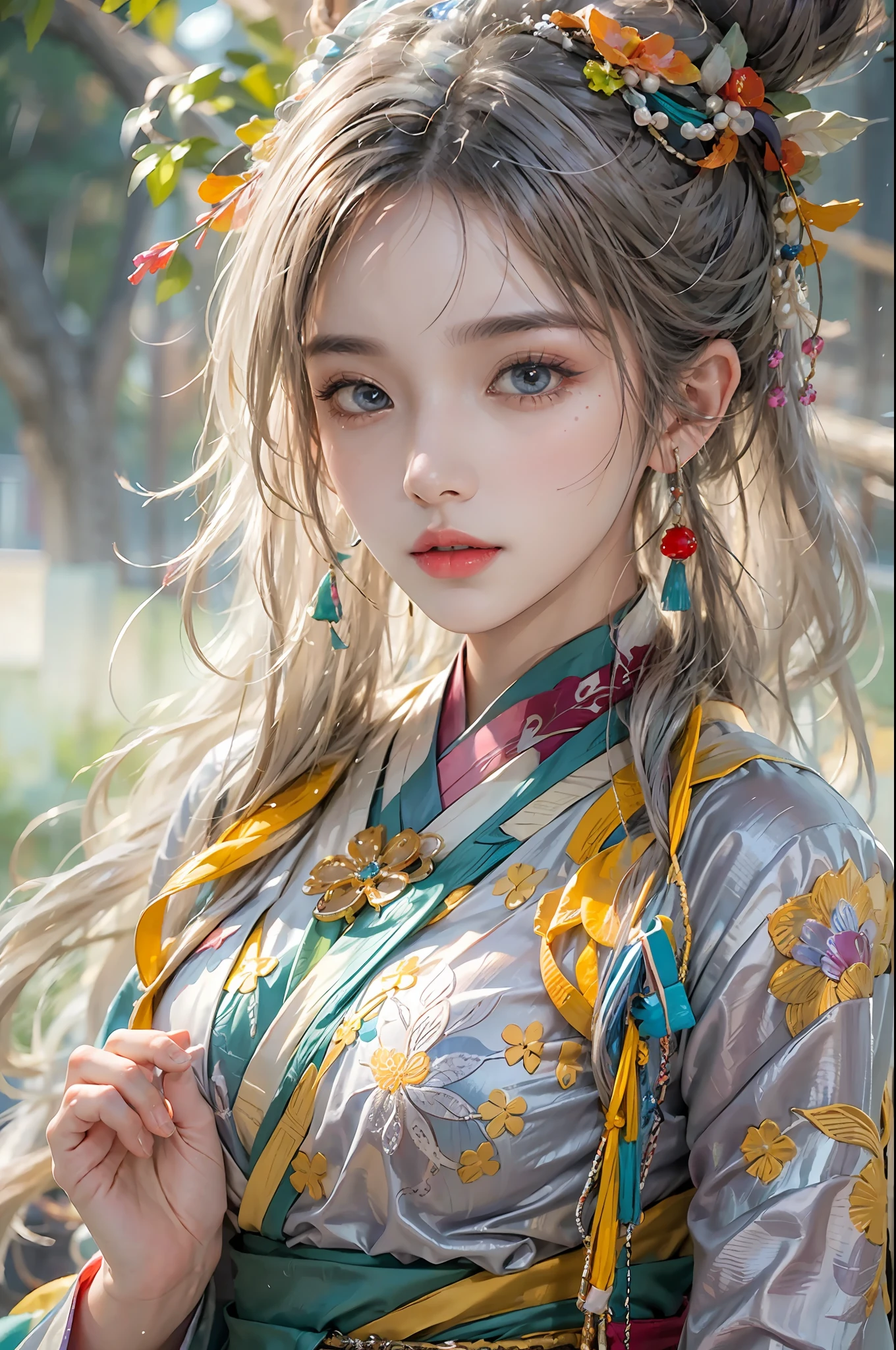 photorealistic, high resolution, colorful, color splash, splash, 1 girl, solo, hips up, beautiful eyes, rainbow hair, medium breast, intricate brocade hanfu, gorgeous accessories, wearing pearl earrings
