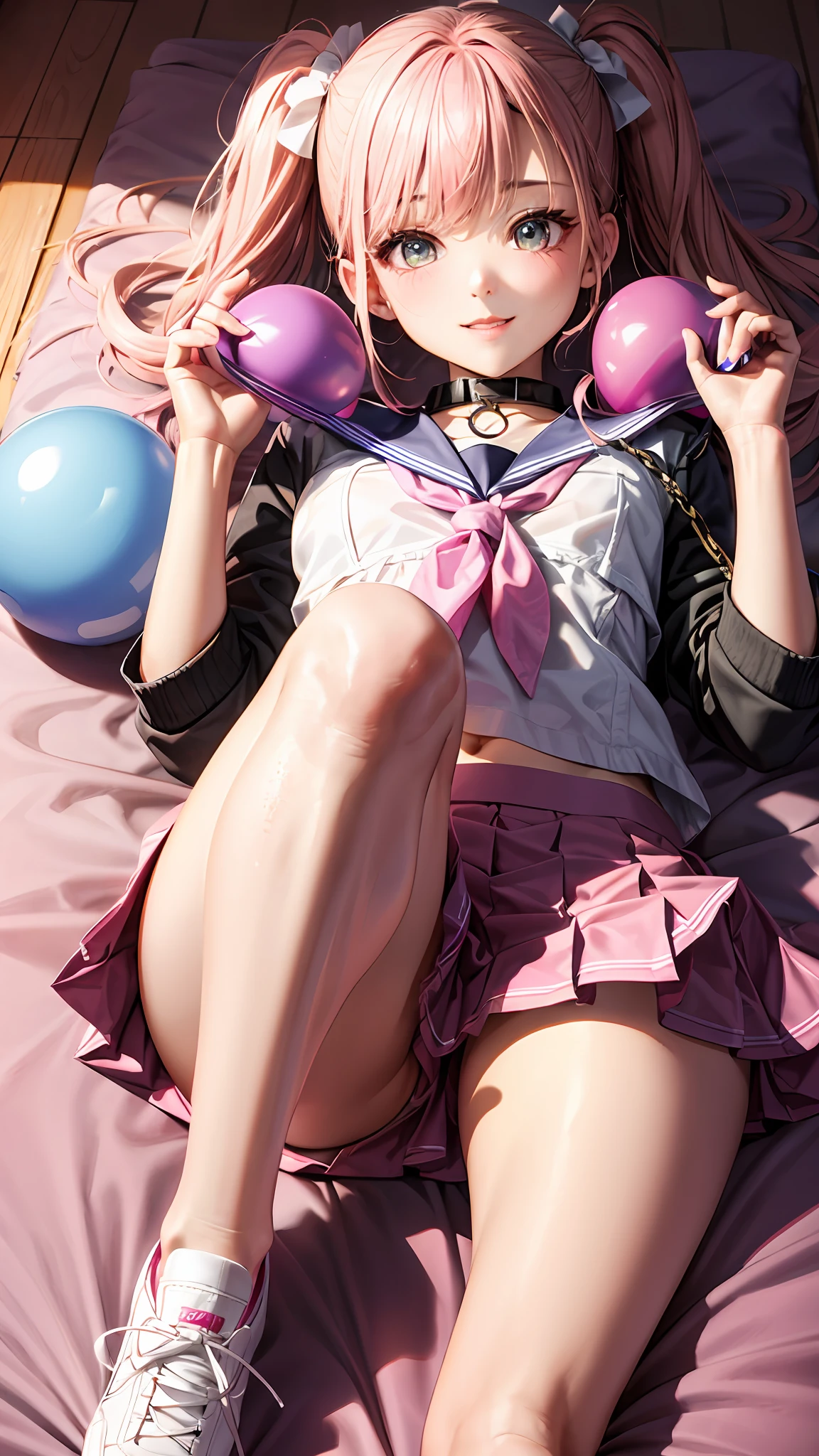 （Realiy：1.3），A 22-year-old girl lies on a lot of colorful balloons（（small heads））、full bodyesbian、ssmile，view the viewer,（perfect bodies：1.1）、Pink double ponytail long hair、Collar、chain、sweat leggs、22-year-old girl、Pink JK uniform，Pink Japanese school uniform，（Wear pink：1.3）（JK uniform pink short skirt）、Pink sneakers，Lie on a lot of colored balls，looking down on the camera，knee bend，（Exposing the skin of the legs，long leges：1.3）Curved body，（Very detailed CG 8k wallpaper）、（Extremely delicate and beautiful），eyes with brightness、（tmasterpiece）、（best qualityer：1.0）、（超A high resolution：1.0)，Nice lighting，Reflective skin，[A high resolution]，The skin is delicate，Hyper-detailing（（a color）），dumbbell，Fitness balls，Fitness equipment，coloredballoons，