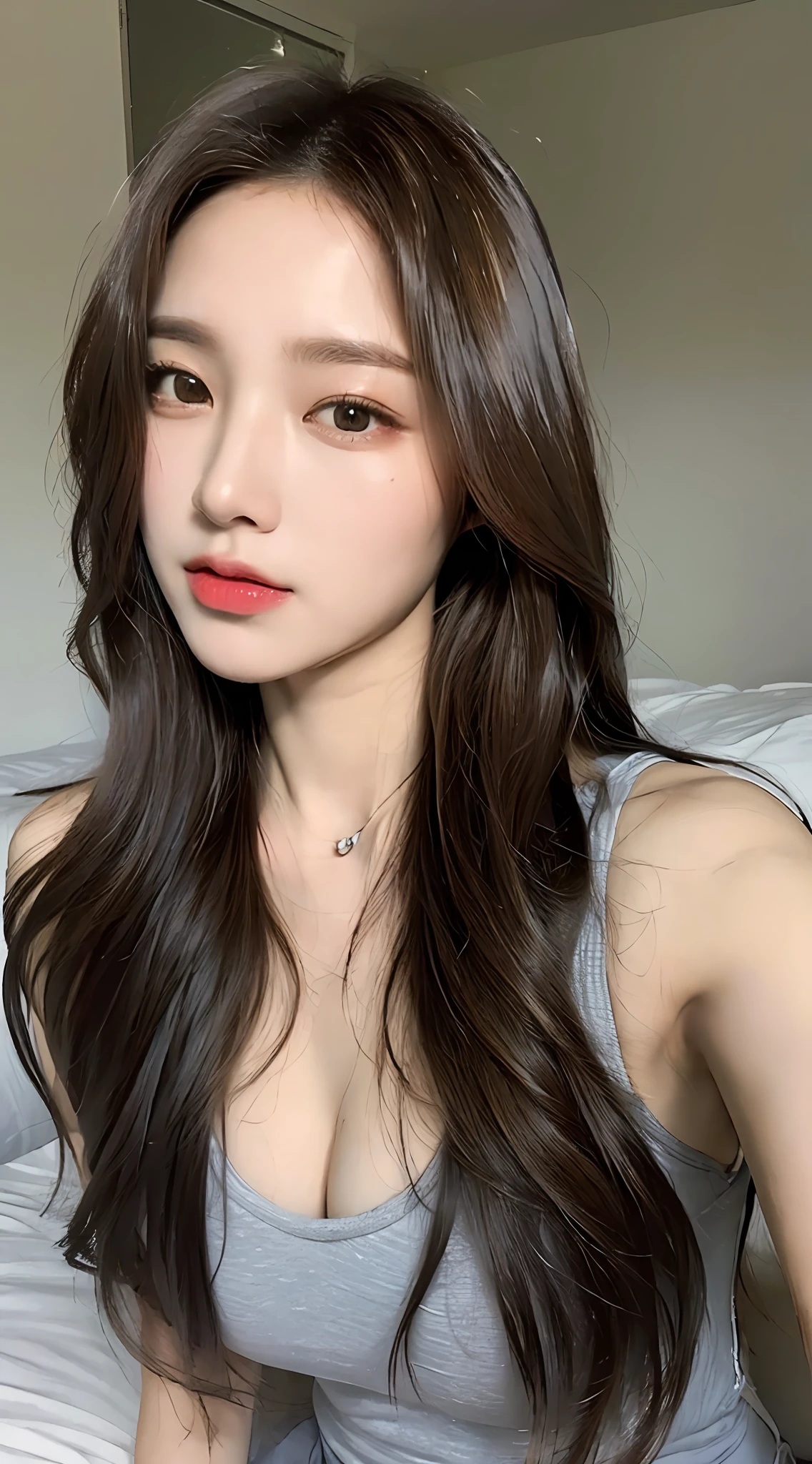 ((Top Quality, 8k, Masterpiece: 1.3)), Beauty, (Big Breasts: 1.9), Hidden Face, 1 Girl, Beauty: 1.3, Slender Abs: 1.1, Camisolet, Long Brunette Hair, (Sitting on the Bed), Ultra-detailed Face, Highly Detailed Lips, Detailed Eyes, Double Eyelids