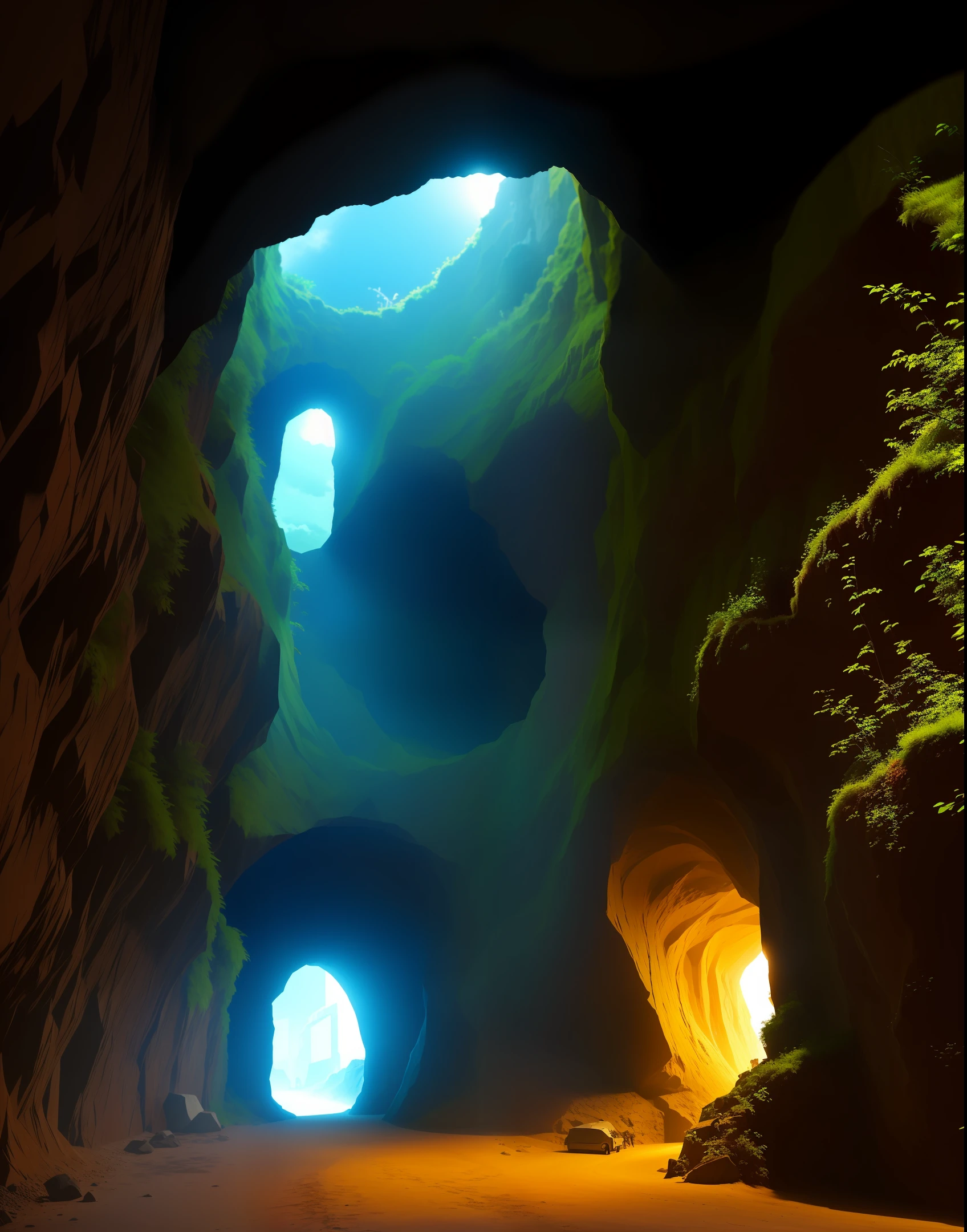 The city of the future,A small alley,A hole in the ground,There are lights and machines inside the cave。