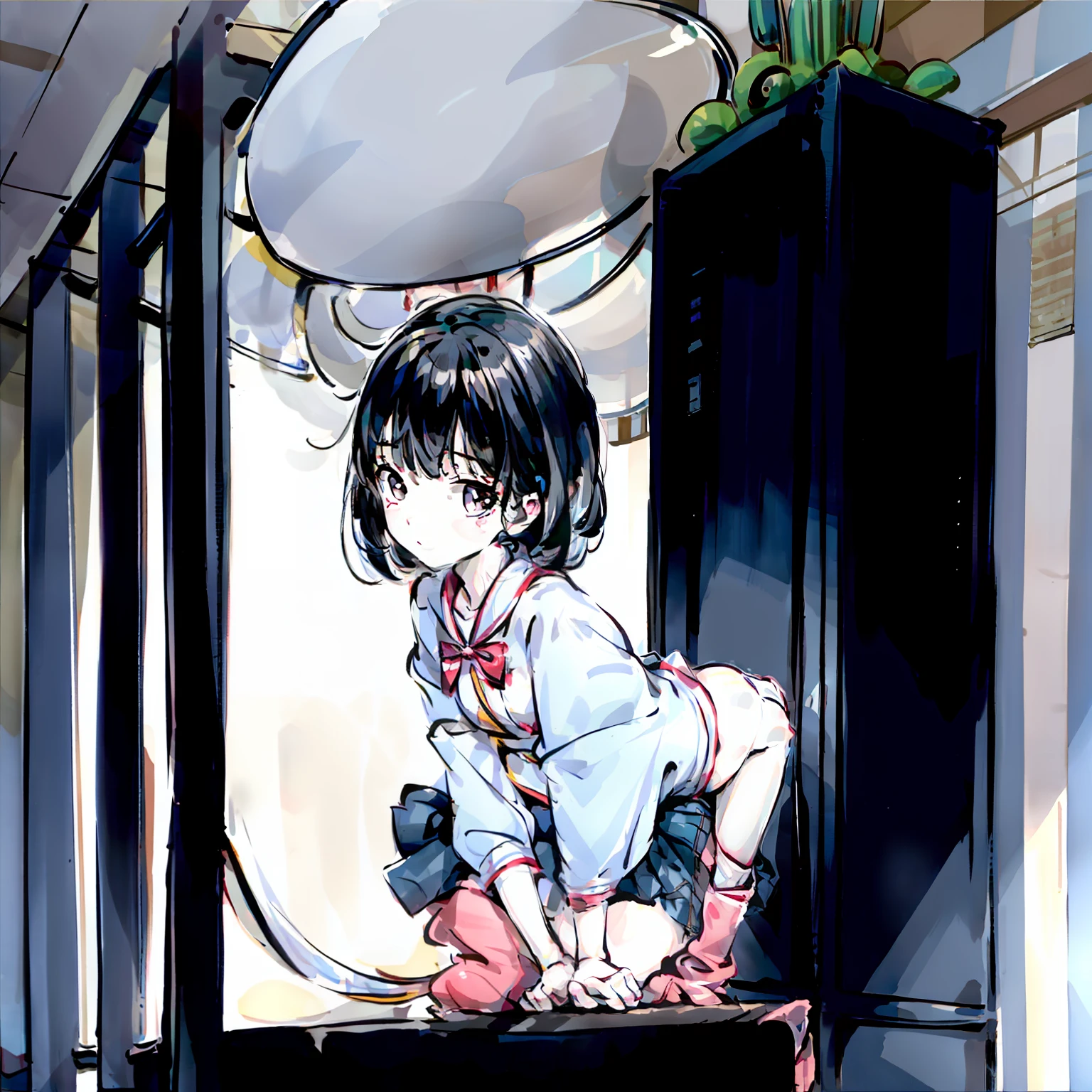 miko lino, changing her cloth, no underwear, changing room background, panic face, bend over pose, locker