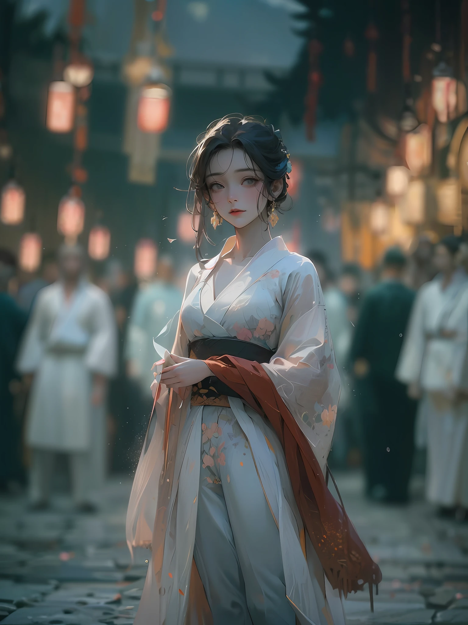 Masterpiece,Best quality, A still from a dark fantasy movie from the 90s,(pastel colour, dim colors, soothing tones:1.5),blend, Medium shot, Bokeh, (hdr:1.4), Masterpiece,conceito, 4K, HD, Cute girl in lingerie, White Hanfu, black colored leggings, (Cinematic, Red and black :0.85), The faces of the audience, dramatic pose, skinny pants