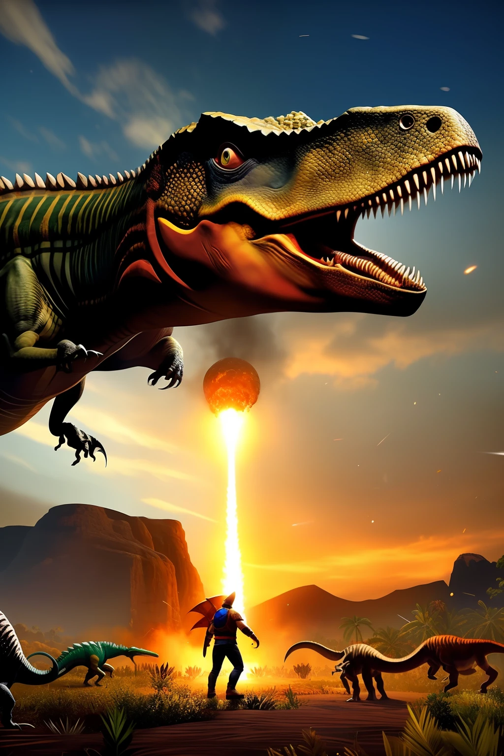 Close-up of dinosaurs,A man stood in front of it, ark survival, ark survival evolved, jurassic image, key art, Jurassic World, meteor impact behind a dinosaur, Ancient art, jurassic, author:Arthur Penn, pc screenshot, author:Ivan Langer, realistic paleoart, author:Luis Miranda, at the time of dinosaurs, dinosaurs, wallpaper hd