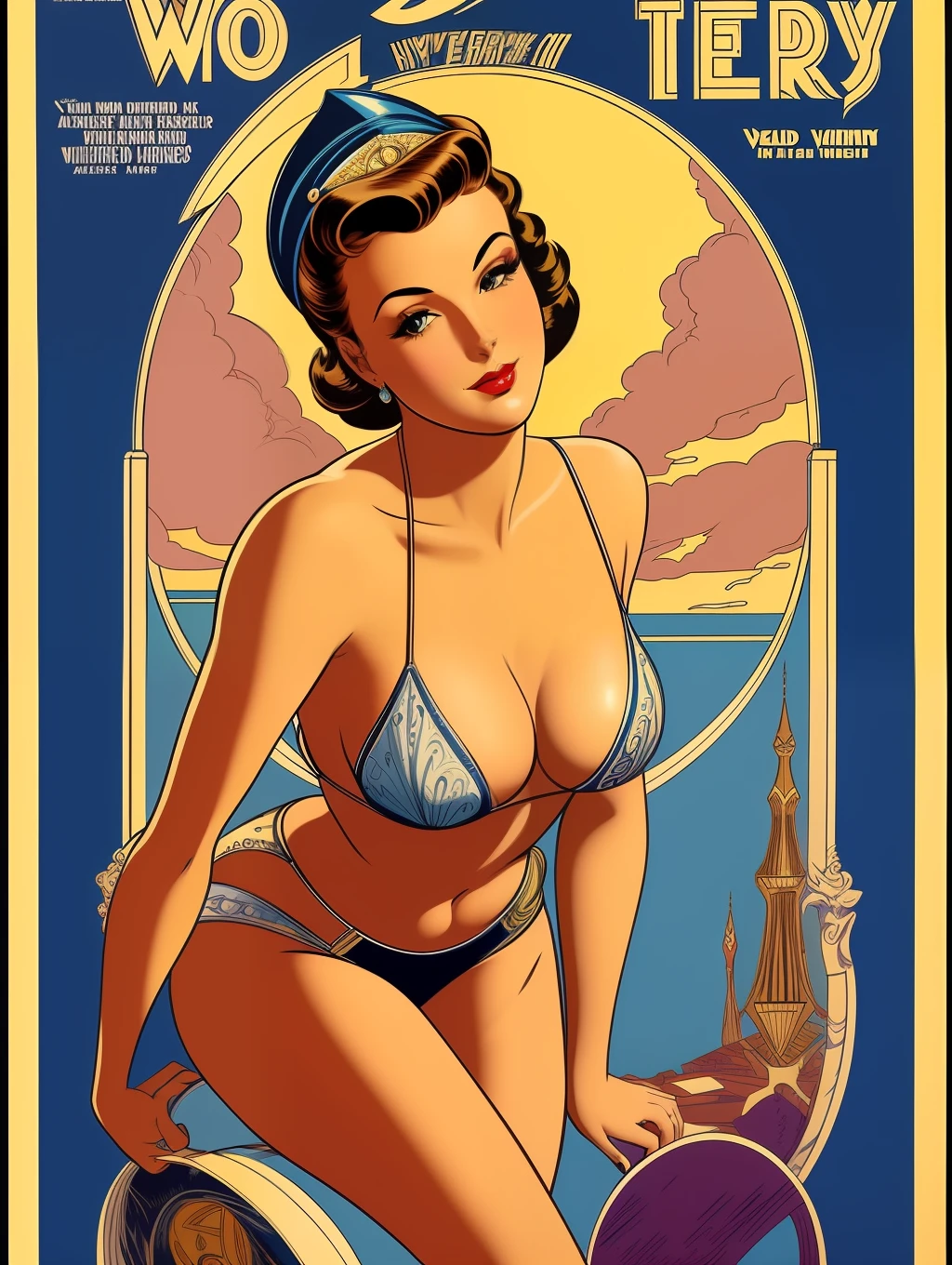 (Masterpiece) Insanely gorgeous and sexy art-deco pin-up woman, hyperdetailed, in the style of Ted Withers and Alberto Vargas