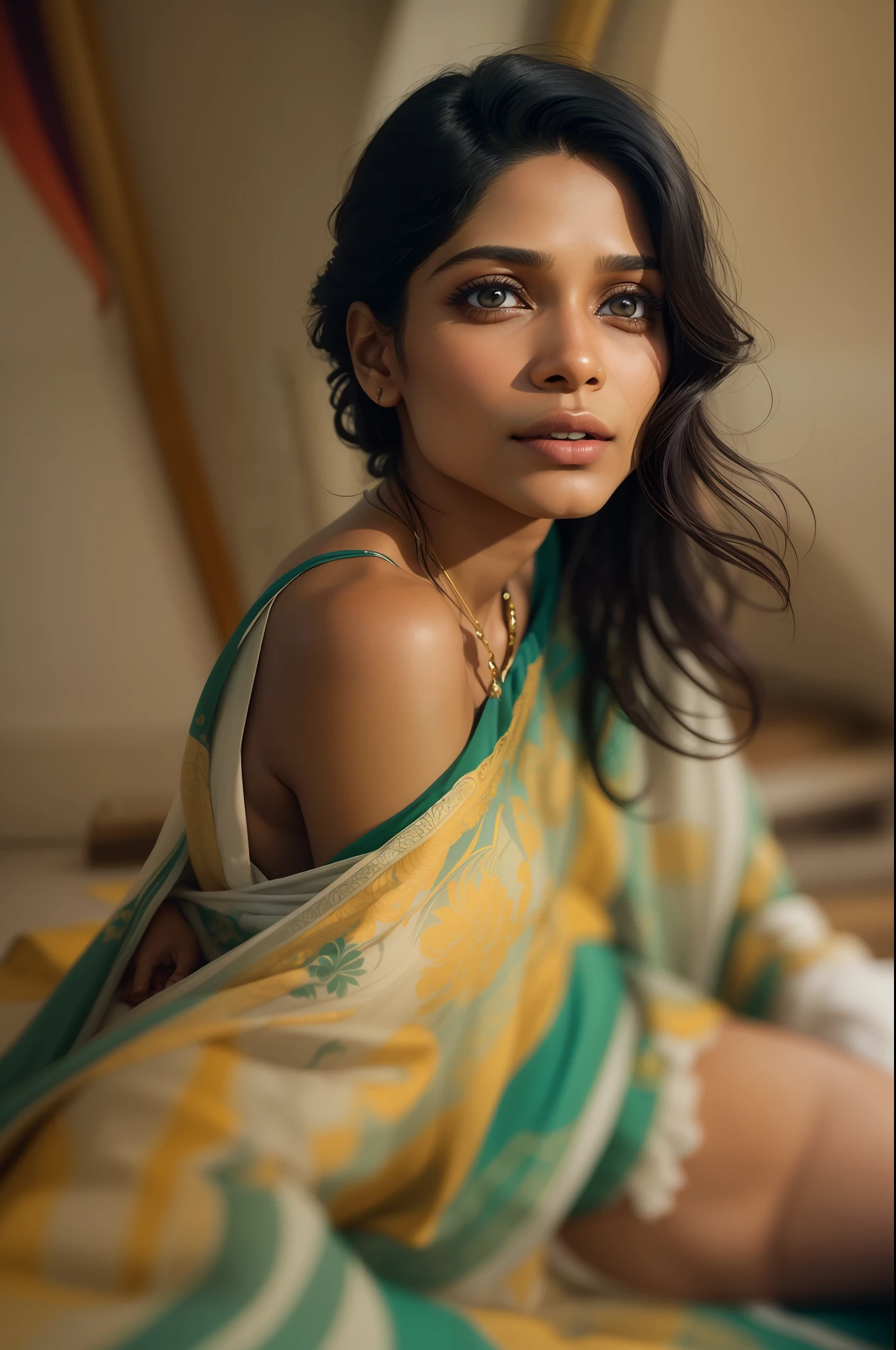 ((Freida Pinto looks dreamy)), ((she sits on the floor and folds colorful cloths)), ((she has small round breasts)), (kleiner Kopf), ((detailliertes Gesicht)), Weiches filmisches Licht, ((((Kino-Look)))), (fotorealistisch), (Raytracing), (scharfer Fokus), ((natural realistic skin texture)), detailliertes Gesicht, detaillierte Lippen, detaillierte Augen, doppeltes Augenlid