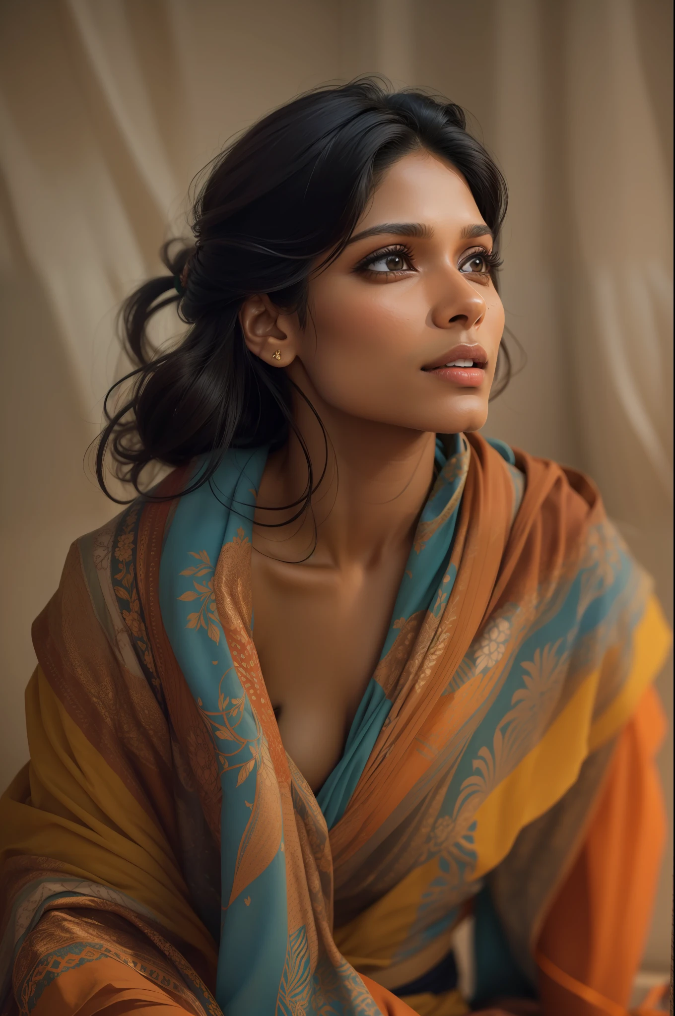 ((Freida Pinto looks dreamy)), ((she sits on the floor and folds colorful cloths)), ((she has small round breasts)), (kleiner Kopf), ((detailliertes Gesicht)), Weiches filmisches Licht, ((((Kino-Look)))), (fotorealistisch), (Raytracing), (scharfer Fokus), ((natural realistic skin texture)), detailliertes Gesicht, detaillierte Lippen, detaillierte Augen, doppeltes Augenlid
