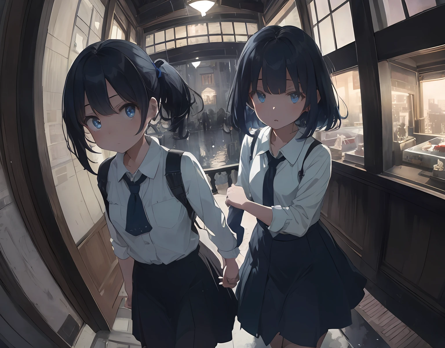 masterpiece, best quality, ultra-detailed, illustration, an extremely delicate and beautiful, cute, girl, energetic, active, anime, 1girl, cute, soft lighting, black hair, labyrinth, Mysterious world, Alice, night, rain outside the window, lanthanum, search, adventure, run away, chased, woman with black hair and blue eyes, dark blue colored skirt, intricate building, complex architecture, dynamic angle, cinematic angle, indoor , wide shot, run, huge building, dark and light, troubled eyebrows, scared, anguish, white blouse, decadent,Twin girls, hand in hand Together, drifting, where are we? , looking around, fisheye lens,