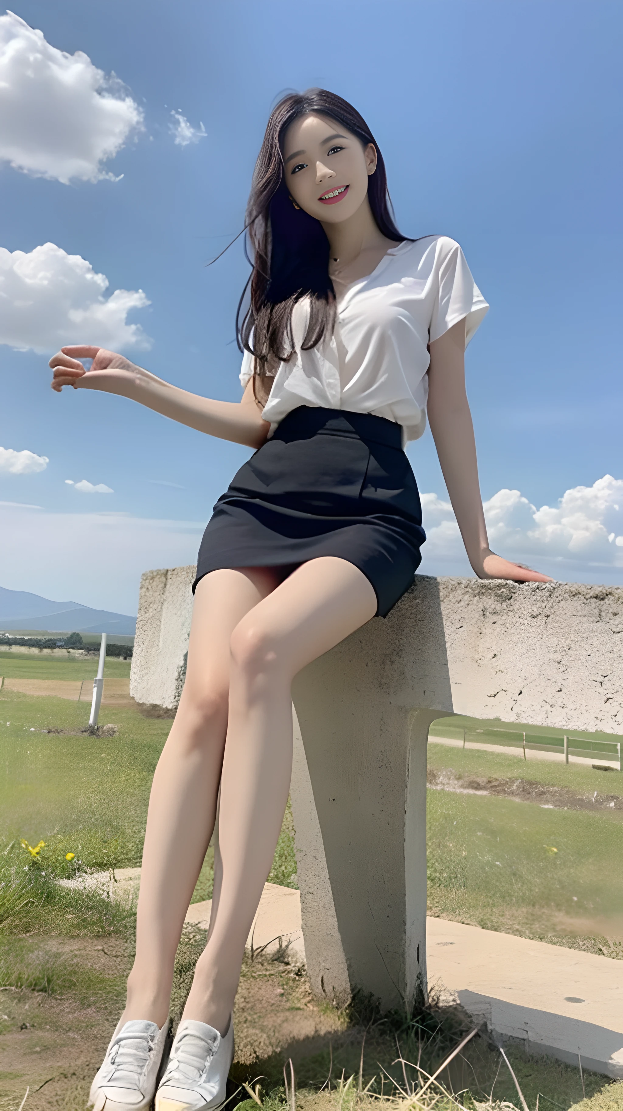 A nice and cute girl，Full body photo，Extremely beautiful and delicate，Black color hair，A sweet smile，Delicate and beautiful fair skin，Realistic and realistic，exquisite and complete facial features，Detailed depiction of the face，tall nose bridge，Smooth hair，extremely detail hair，Feminine temperament，Fill your face light，Tall and tall，Thin，Realiy，Hyper-realism，full body shot shot，Forward tilt angle,Extreme picture quality,Highest precision,Precise and perfect human anatomy。with blue sky and white clouds，Sitting on the Steppe，with blue sky and white clouds，rays of sunshine，cattle and sheep，(White chiffon skirt)Panties are clearly visible. telephoto shot，Express the landscape，Highlight portrait。Violin in hand，Play the song