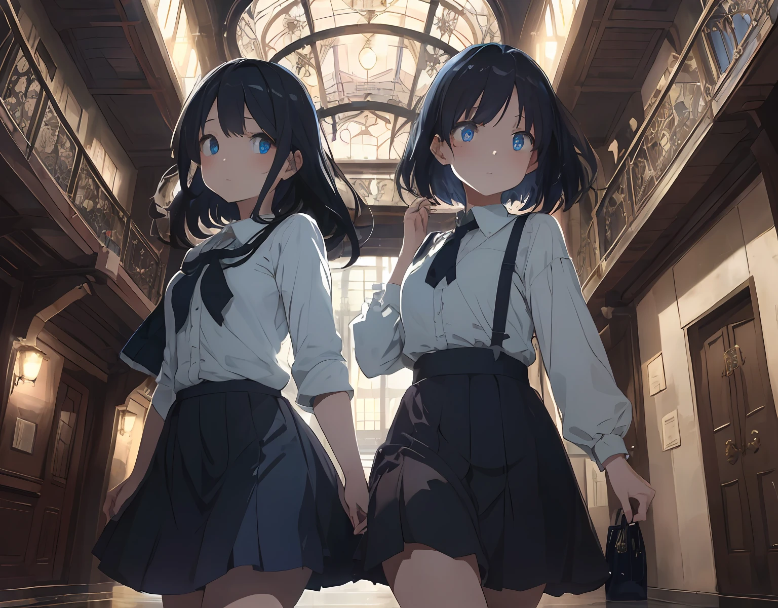 masterpiece, best quality, ultra-detailed, illustration, an extremely delicate and beautiful, cute, girl, energetic, active, anime, 1girl, cute, soft lighting, black hair, labyrinth, Mysterious world, Alice, night, rain outside the window, lanthanum, search, adventure, run away, chased, woman with black hair and blue eyes, dark blue colored skirt, intricate building, complex architecture, dynamic angle, cinematic angle, indoor , wide shot, run, huge building, dark and light, troubled eyebrows, scared, anguish, white blouse, decadent,Twin girls, hand in hand Together, drifting, where are we? , looking around, fisheye lens,