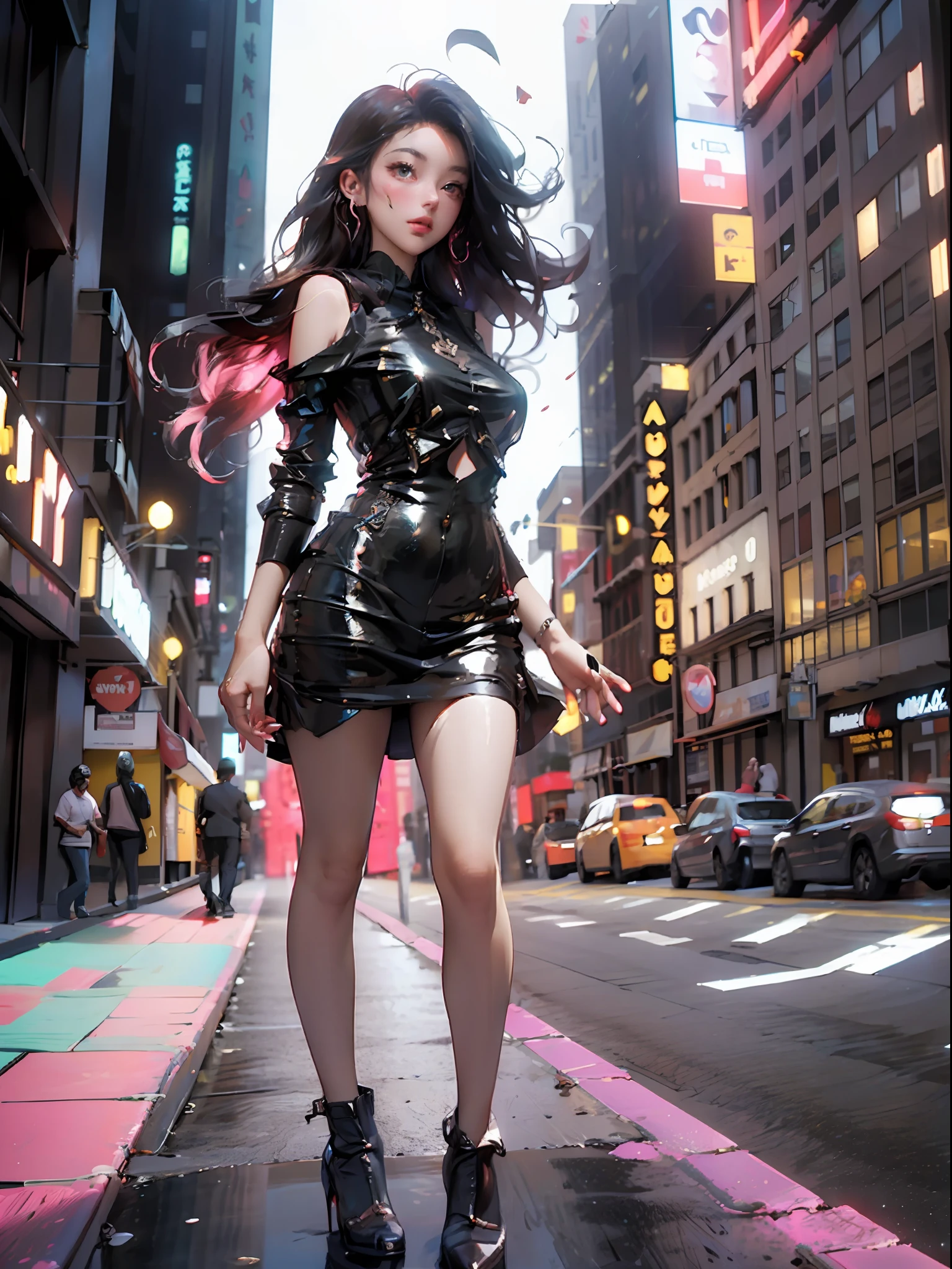 "A young woman in her mid-twenties with mesmerizing and intricate eyes, confidently standing amidst the energetic ambiance of vibrant New York City, captured in a full-body pose."