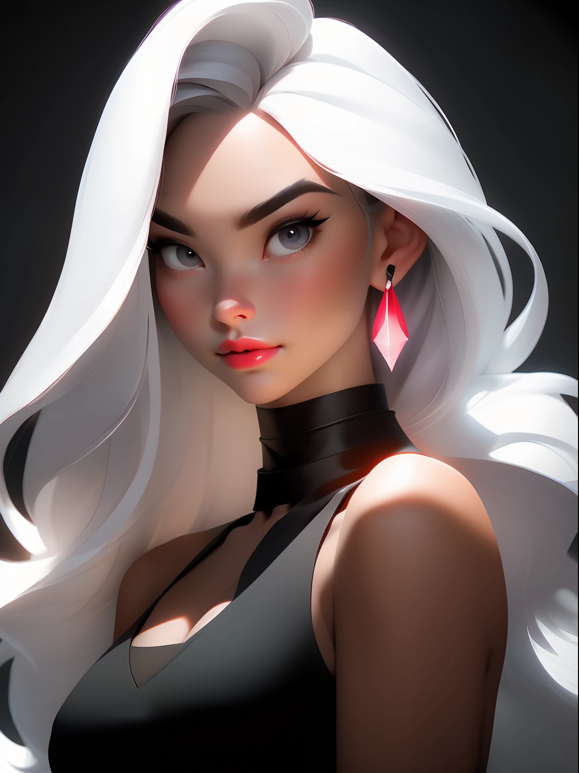 sam yang, 1girl, backlighting, bare shoulders, black choker, blurry, blurry background, blush, breasts, choker, cleavage, closed mouth, collarbone, earrings, forehead, freckles, hair over shoulder, jewelry, long hair, looking down, pointy nose, red lips, shadow, solo, thick eyebrows, thick eyelashes, upper body, white hair , ((masterpiece)), ((straight eyes, nice eyes, normal eyes, looking at viewer))