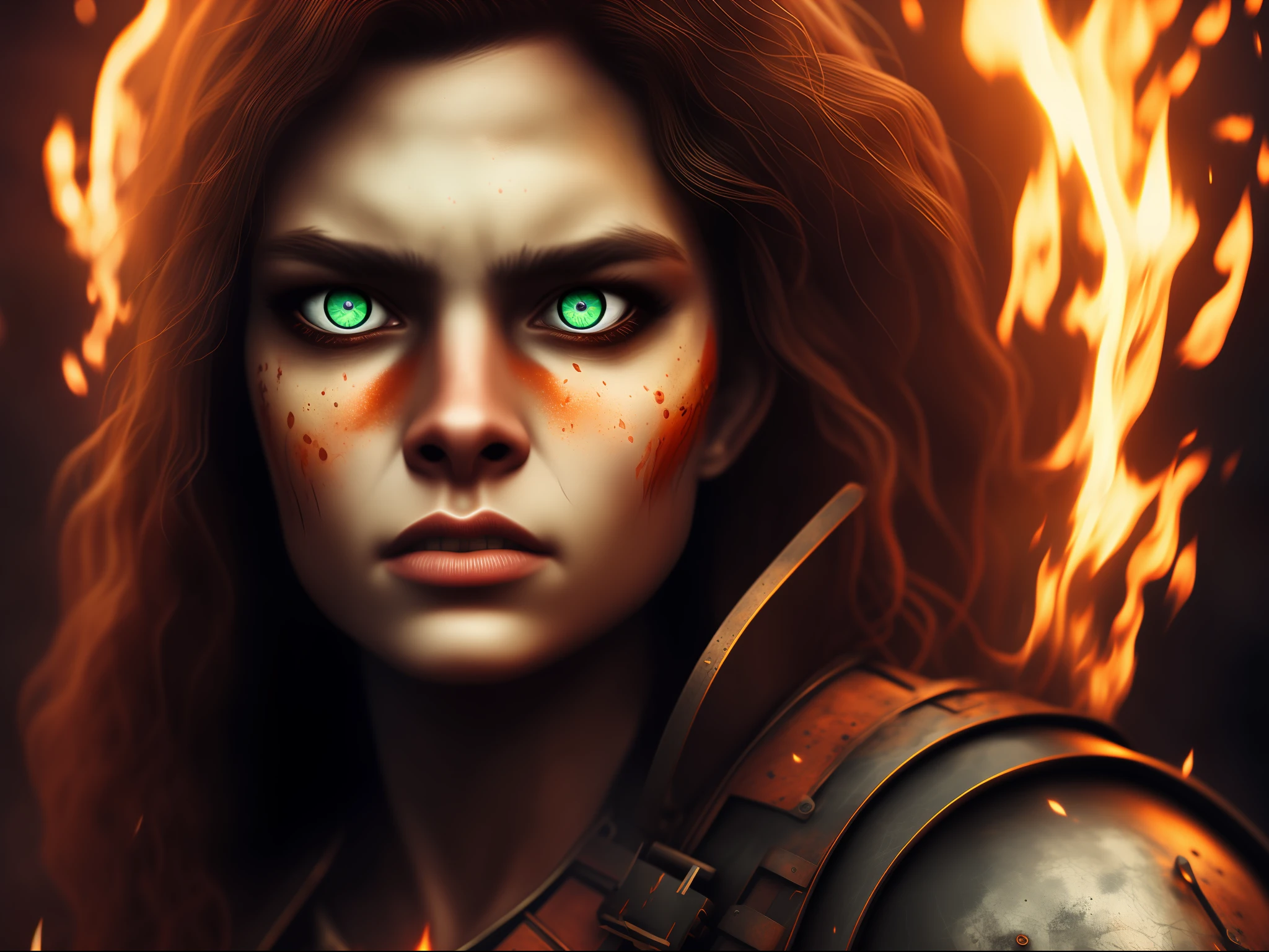 female warrior with fire eyes, close up Deep Detailed , cinematic eyes , cinematic lighting. Cinematic HDR , Background Effects lightings, 8k , realistic animation, realistic lighting, realistic cinematic.digital art, digital photography, realistic HDR