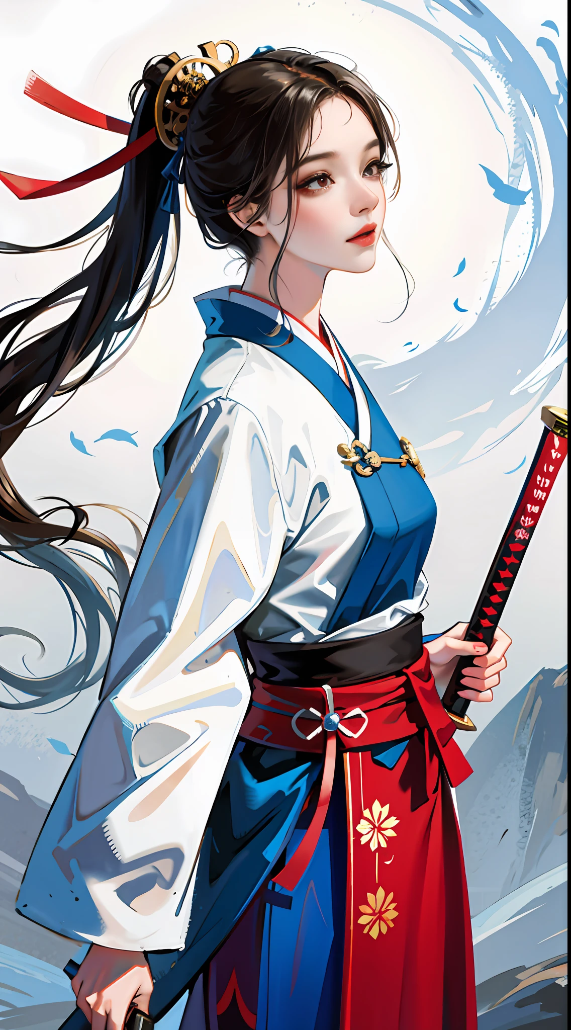 Girl with sword in hand，Wear red Hanfu，Chinese Traditional Cloth，cabelos preto e longos，pigtails，（Holding a sword）
exteriors，the woods，
in the afternoon，after rainny，Dingdall effect，
The wind blows through the maple leaves，dust kicked up,
tmasterpiece, hyper HD, Best picture quality, A high resolution,16k, hyper-high detail，
illustration，Ancient wind，Hanfu