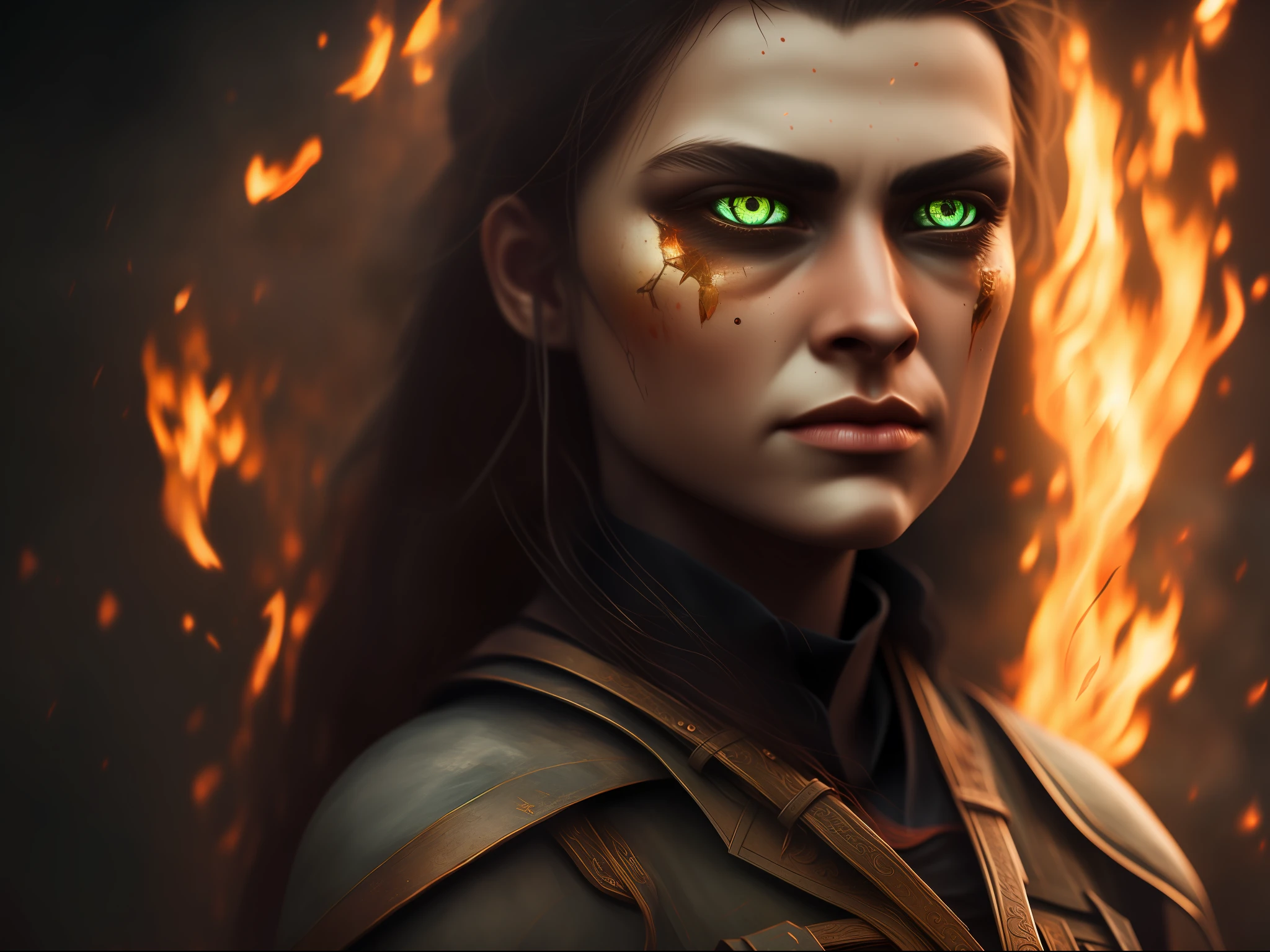 female warrior with fire eyes, close up  Deep Detailed , cinematic eyes , cinematic lighting. Cinematic HDR , Background Effects lightings, 8k , realistic animation, realistic lighting, realistic cinematic.digital art, digital photography, realistic HDR