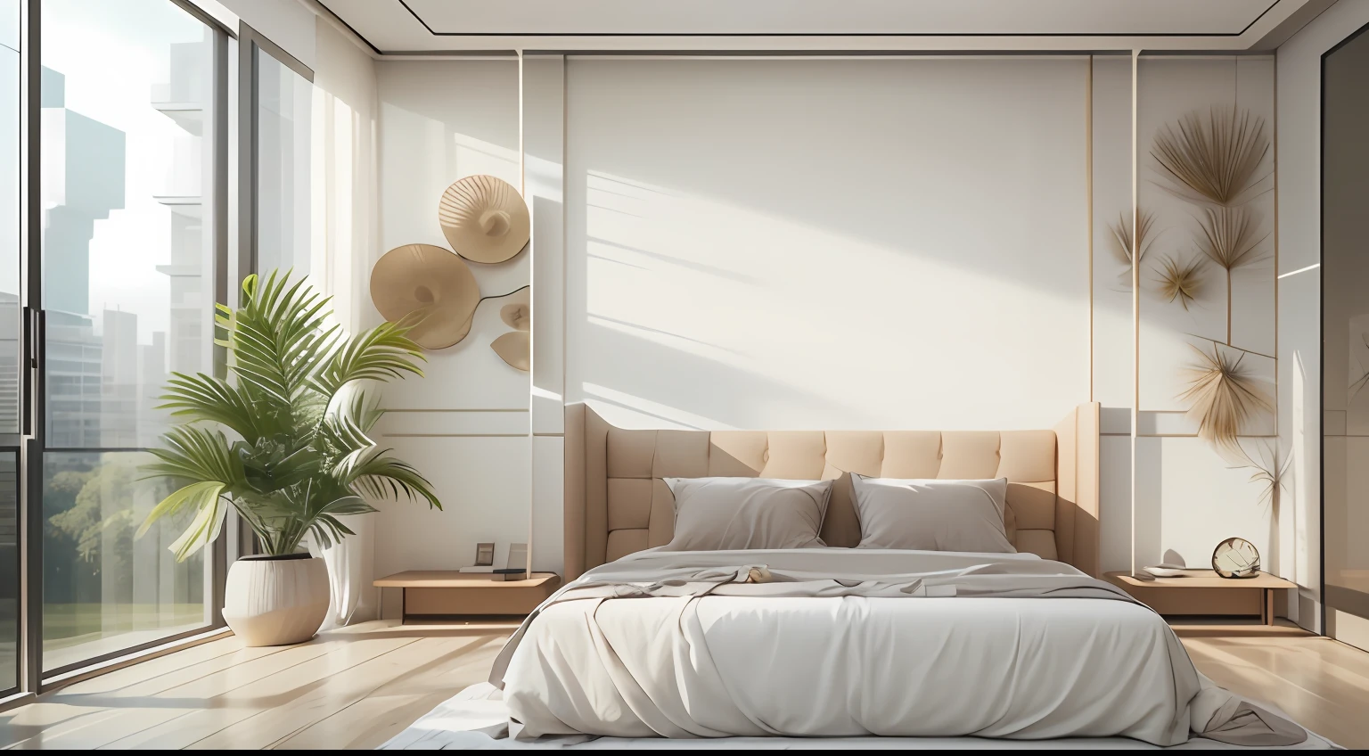 Minimalist bedroom，Master design，There are few flowers and plants（1:0.005），suns rays，The right way to place the house，No main light design，an award winning masterpiece，Incredible details Large windows，highly  detailed，Harper's Bazaar art，fashion magazine，fluency，Clear focus，8K，rendering by octane