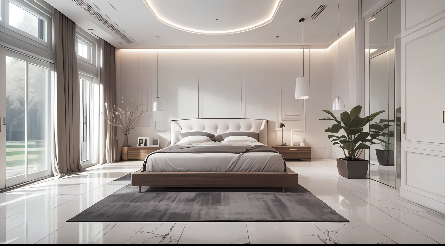 Minimalist bedroom，Master design，There are few flowers and plants（1:0.005），suns rays，The right way to place the house，No main light design，an award winning masterpiece，Incredible details Large windows，highly  detailed，Harper's Bazaar art，fashion magazine，fluency，Clear focus，8K，rendering by octane