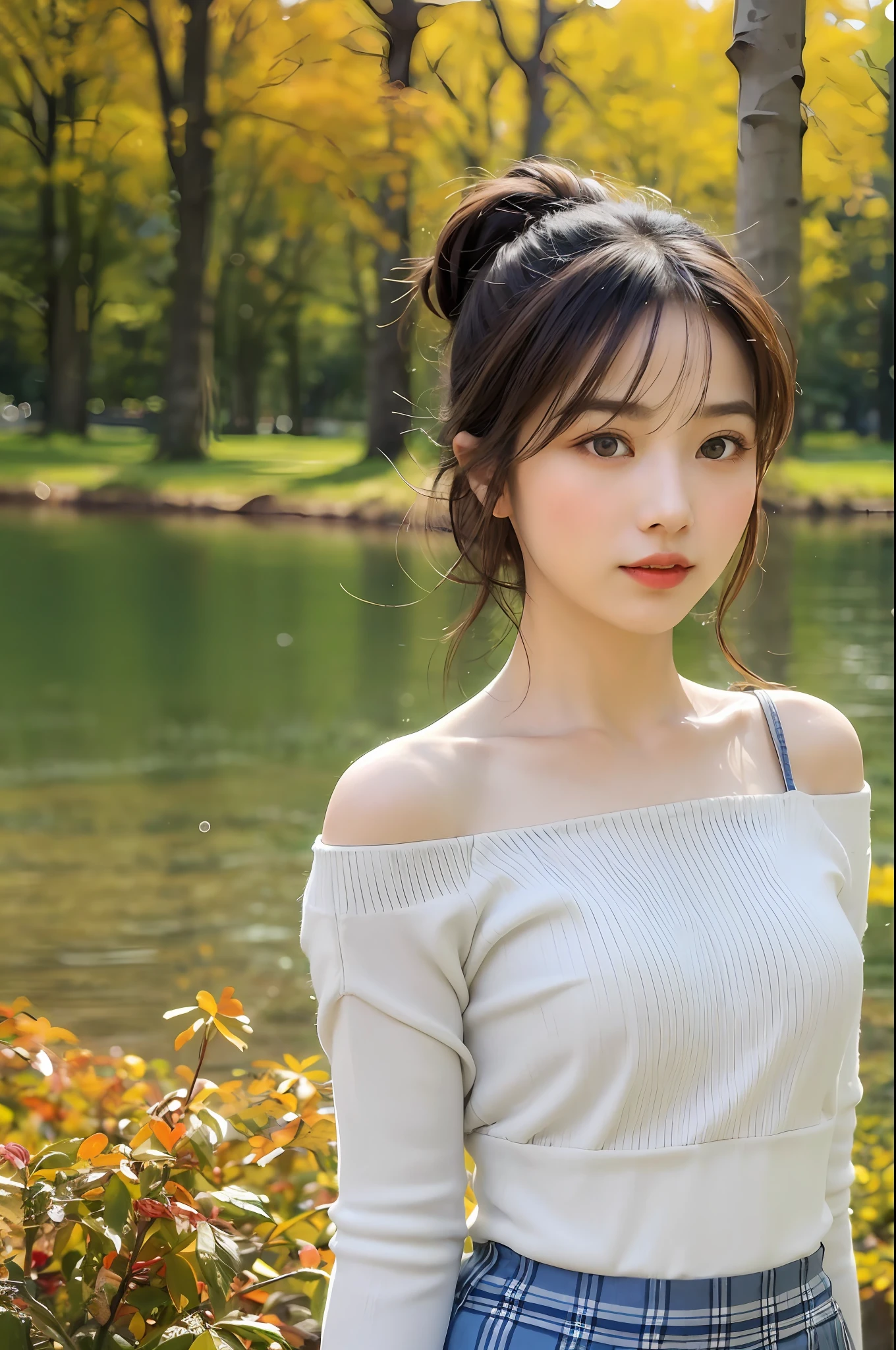 22 year old girl, wearing white short skirt, light blue shirt, girl standing by the lake, behind the autumn forest, brown hair, upper body, portrait, deep of field, f/0.5, 180mm, girly, pretty, skin detailing, realistic, 1 girl, bare shoulders, natural pose, high bun, blazer, pretty headband, autumn tree