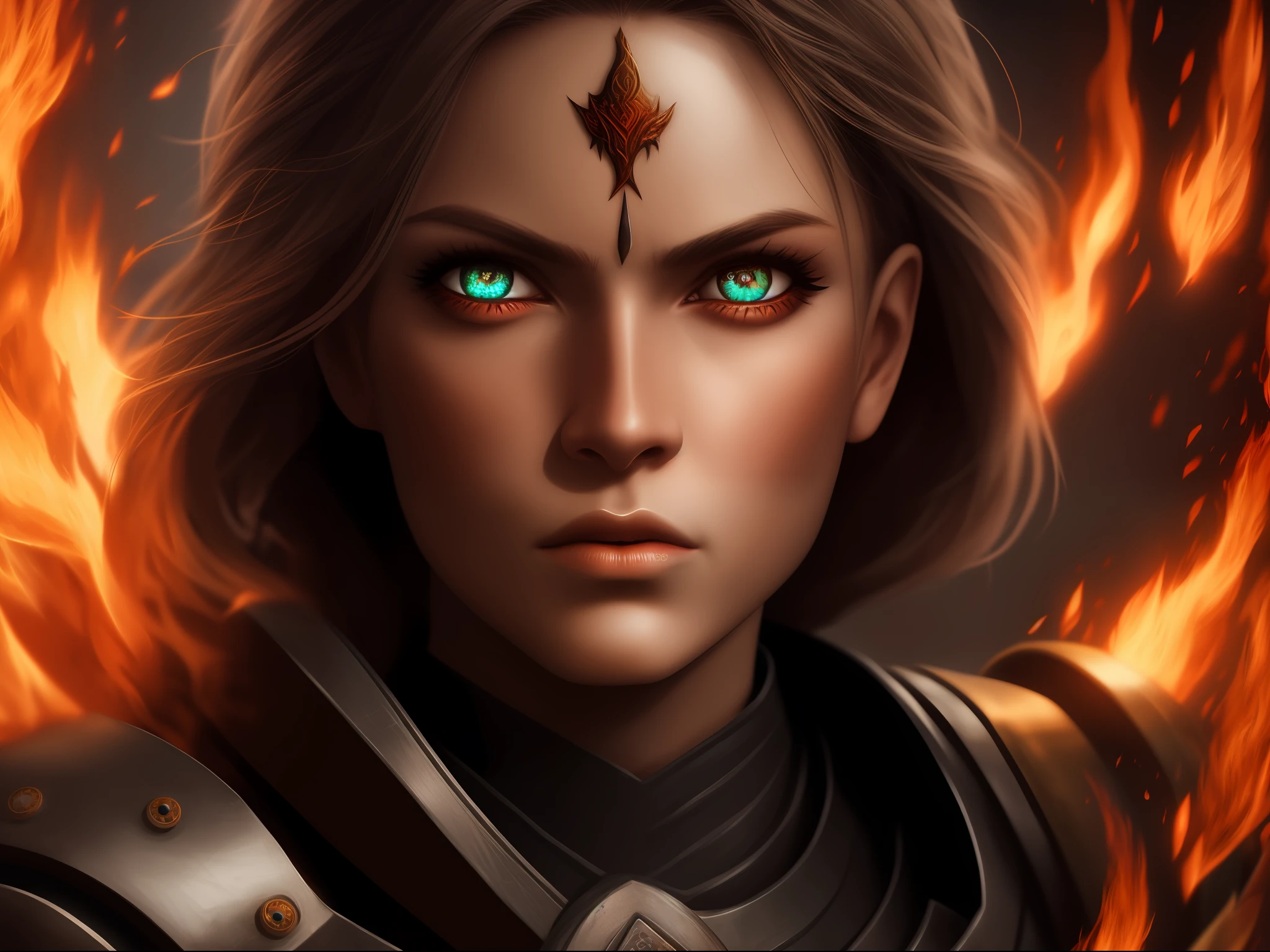 female warrior with fire eyes, close up Deep Detailed , cinematic eyes , cinematic lighting. Cinematic HDR , Background Effects lightings, 8k , realistic animation, realistic lighting, realistic cinematic.digital art, digital photography, realistic HDR