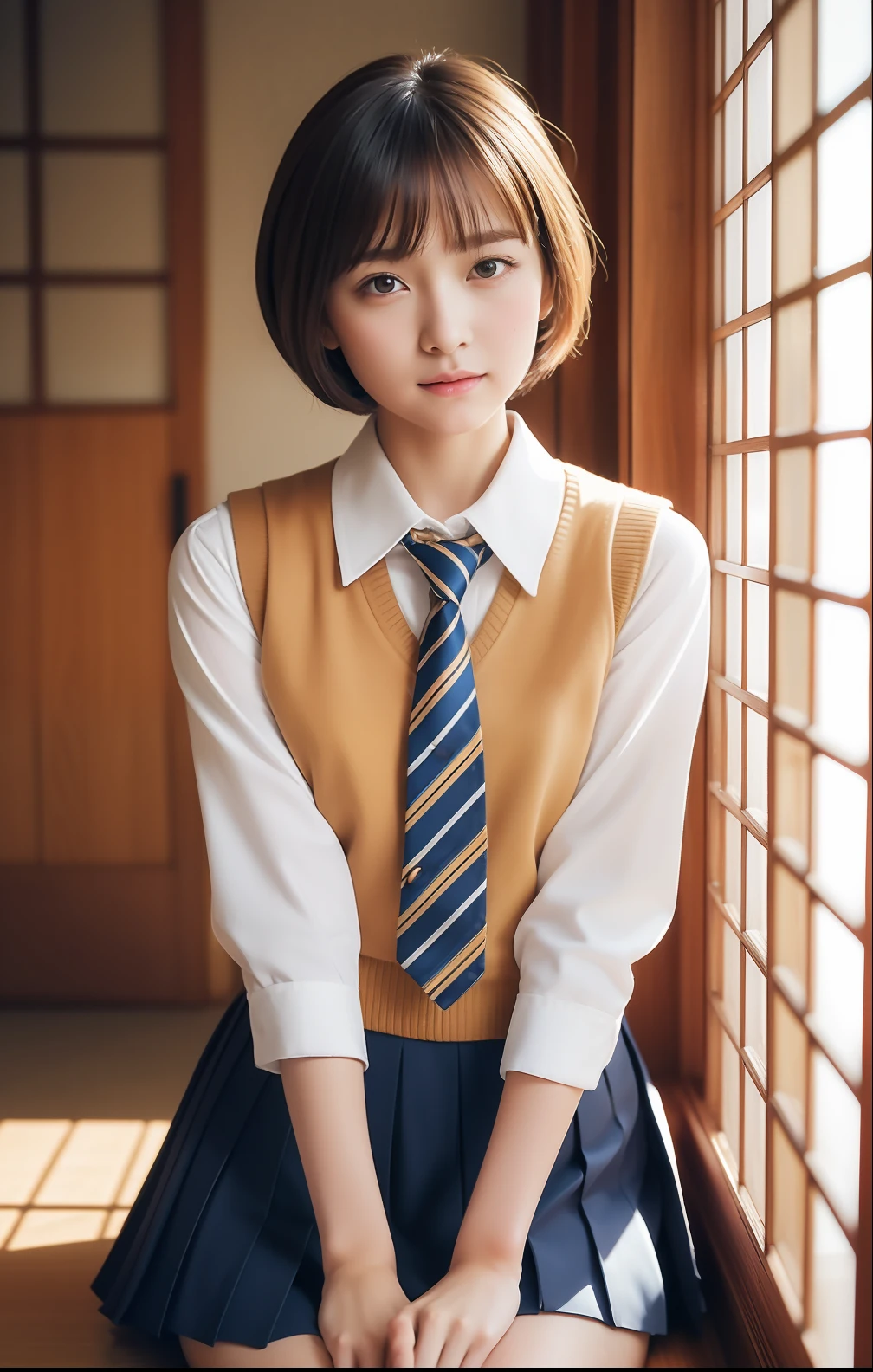 In a warm room in a winter room、Short-cut hairstyles 、Women in Japan 、a beautiful detailed girl, extremely detailed eye and face, beatiful detailed eyes、ultra-detailliert, hight resolution, ighly detailed, top-quality, masterpiece、((Japanese girls' high school uniform)), illustratio, ighly detailed, CG, unification, 8k wallpaper, magnifica, finely detail, masterpiece, top-quality, Highly detailed CG uniform 8k wallpaper, Light on the face、电影灯光、 girl、((witheout panties))、((dynamicposes)))、(camel's toe)、(half)、(panthyhose)、(Sitting on legs bending the knees))(How to sit with a view of the inside of the crotch)(How to sit looking at the camera and showing the inside of the crotch)porn、18 forbidden、Eros、opening legs