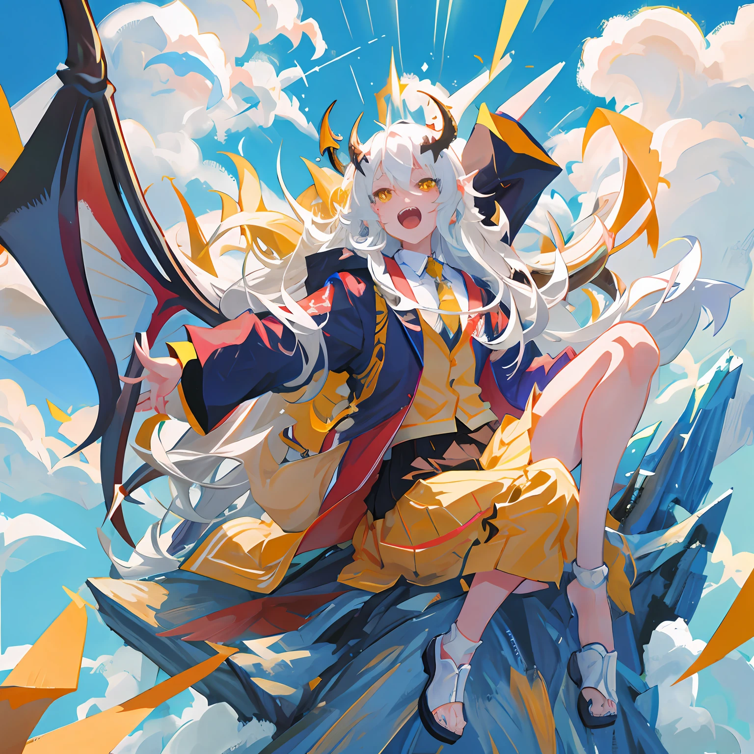 Best quality,masterpiece,ultra high res,nu no humans, (long:1.2),sky, yellow eyes, cloud, scales, eastern dragon, open mouth, sharp teeth, flying, horns, teeth, day, claws, fangs, blue sky