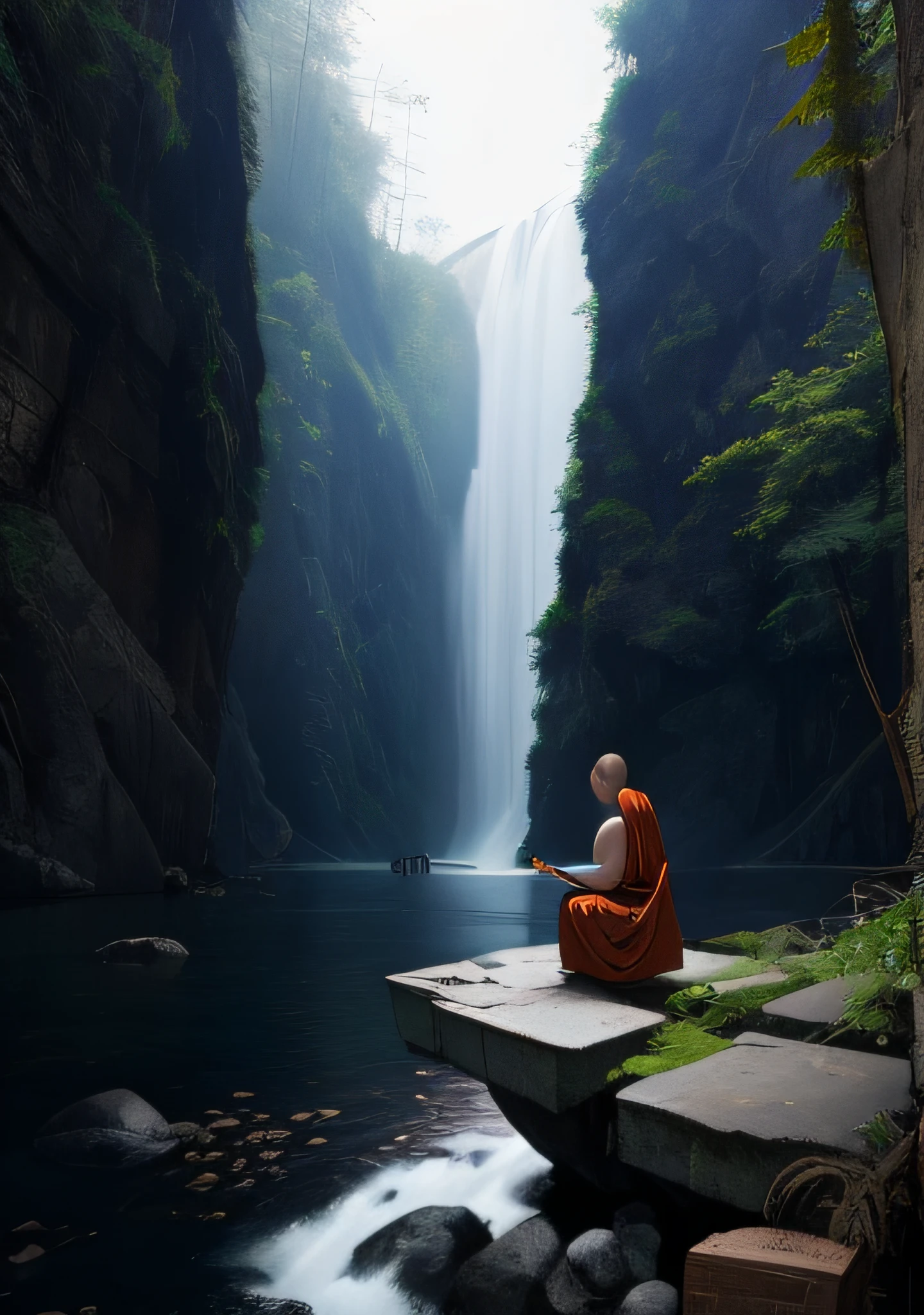 a monk is meditating, vestindo um manto amarelo no templo, The temple is on the floating river, foto crua, foto surreal, motor irreal 4, 8k, Super sharp, cores detalhadas, ampla cobertura de cores, detalhe de cena extremo, sombreamento, anti-aliasing, Anti-aliasing error details, foto bruta, imagem surreal, motor irreal 4, 8k, Super sharp, cores detalhadas, ampla cobertura de cores, detalhes de cena extremamente altos,  sombreamento, anti-aliasing, Anti-aliasing error details, foto bruta, foto surreal, motor irreal 4.8k, Super sharp, cor detalhada, ampla cobertura de cores, detalhe de cena objeto extremamente alto, (8k, foto RAW, melhor qualidade, obra-prima: 1.2), (realista, foto-realista: 1.37), estilo modelshoot, (extremamente detalhado CG unidade 8k papel de parede), Professional Majestic Oil Painting by Ed Blinkey, Atey Ghailan, Studio Ghibli, por Jeremy Mann,  Greg Manchess, Antonio Moro, trending on ArtStation, trending on CGSociety, Intricate, High Detail, Sharp focus, dramatic, photorealistic painting art by midjourney e greg rutkowski, scene detail extreme objects, shading, anti-aliasing, error detail smoothing