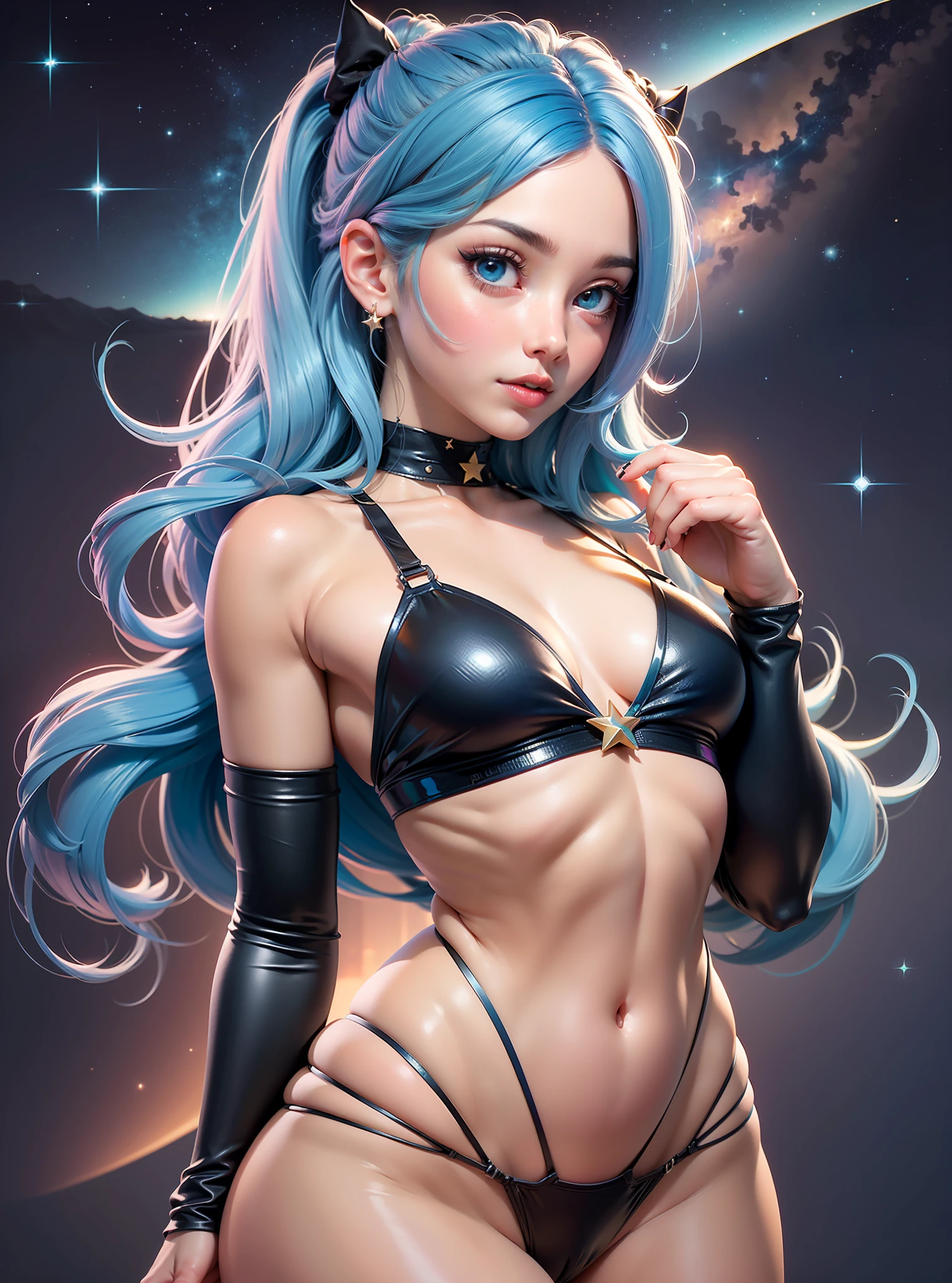 ((La mejor calidad)), ((Obra maestra)), ((realista)) and ultra-detailed photography of a girl with goth colors. Ella tiene ((cabello turquesa)), lleva un (small black micro-thong:Motivo estrella ) , ((beautiful and aesthetic)), abdominales corporales de ajuste muscular, sexy, debajo de los senos, caliente, (Fondo de cielo lleno de estrellas) (fondo claro:1.35), (particuls ,glowworm, azul brillante):1.3,