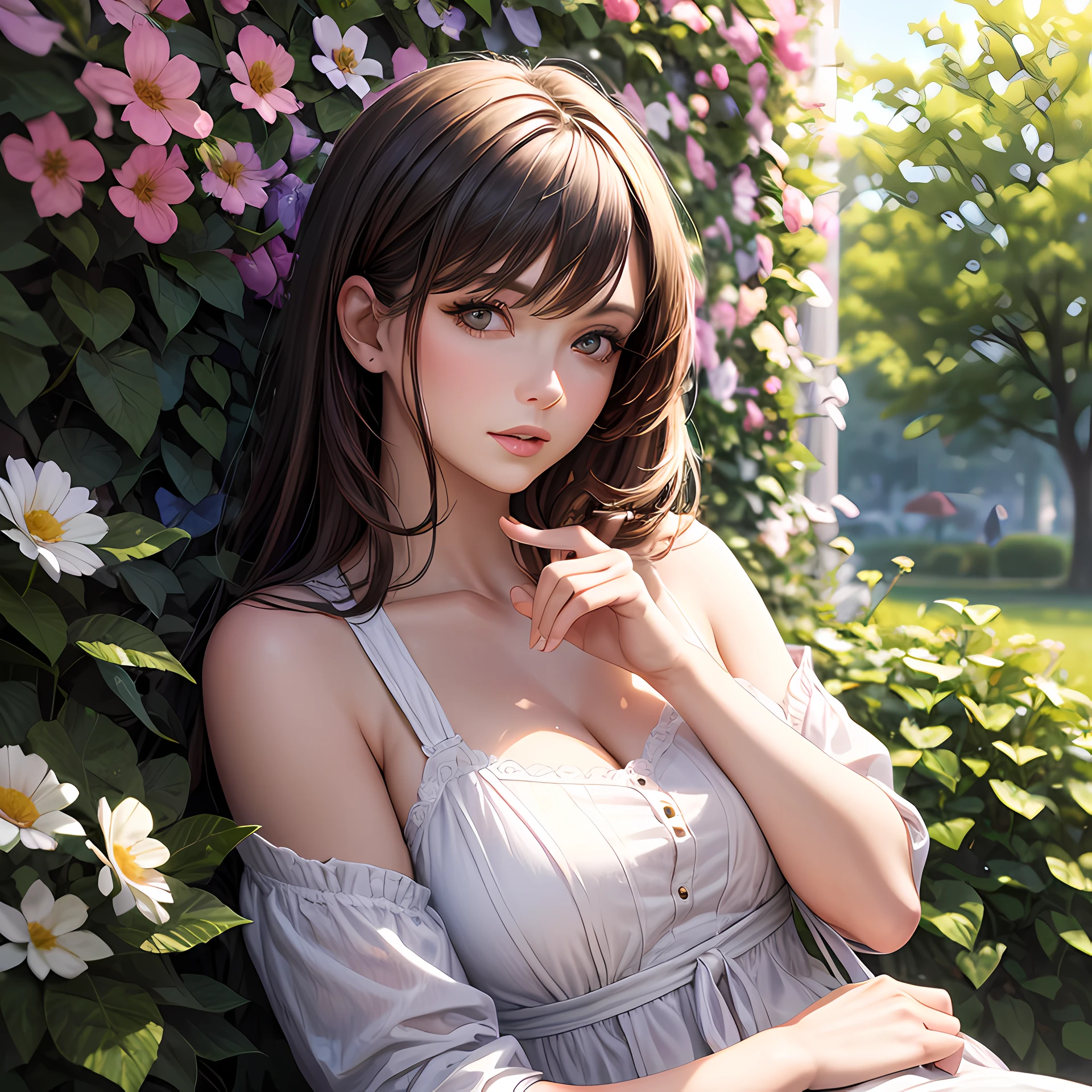 (masterpiece, best quality), photorealistic illustration, mature woman, summer light dress, picnic, flower wall, colorful, darl background, complementary colors theme,