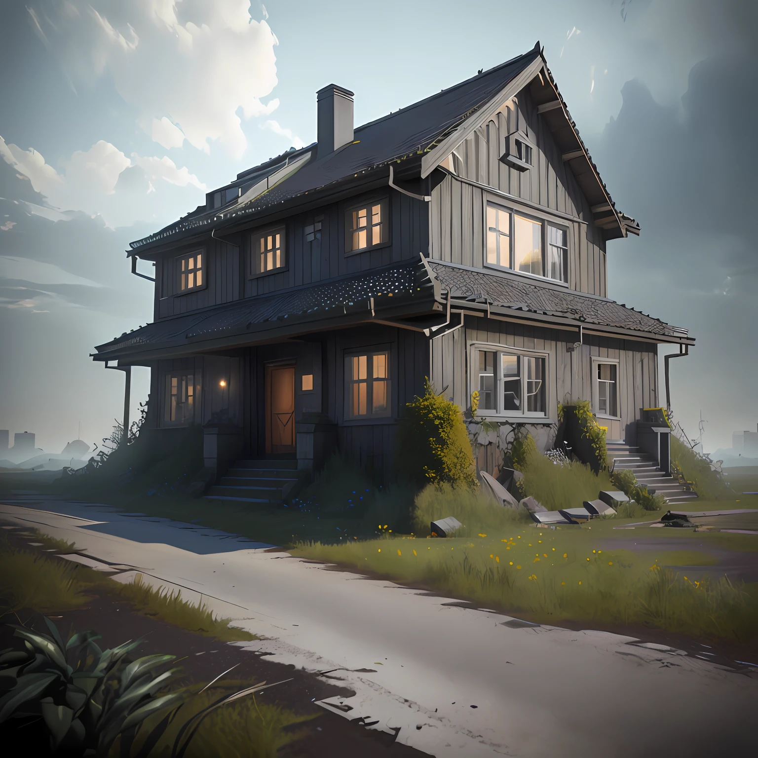 derelict house,Two floors,decrepit,terroral,uncanny,darkly,shot from a far distance,realisticlying,extreme hight detail
