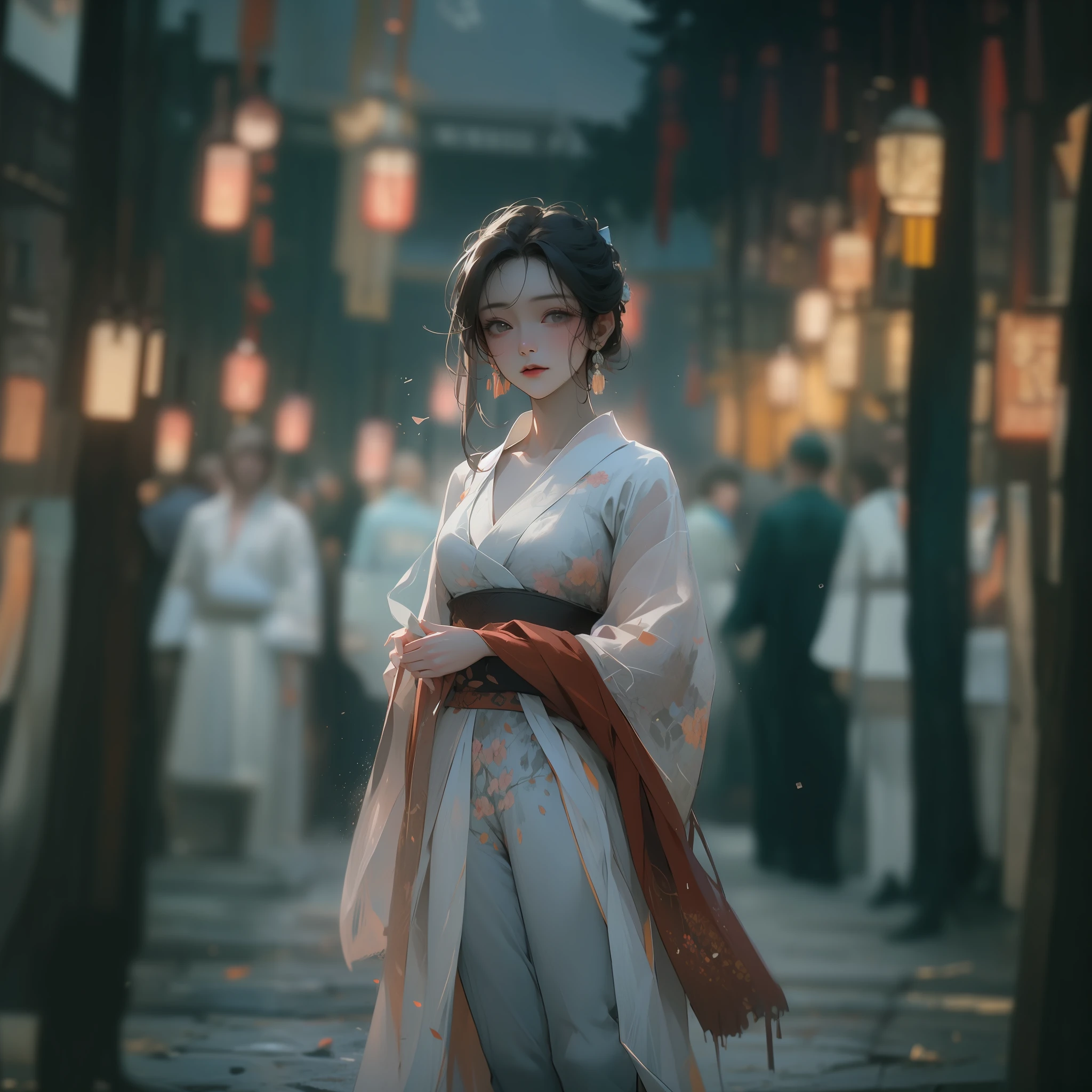 Masterpiece,Best quality, A still from a dark fantasy movie from the 90s,(pastel colour, dim colors, soothing tones:1.5),blend, Medium shot, Bokeh, (hdr:1.4), Masterpiece,conceito, 4K, HD, Cute girl in lingerie, White Hanfu, black colored leggings, (Cinematic, Red and black :0.85), The faces of the audience, dramatic pose, skinny pants