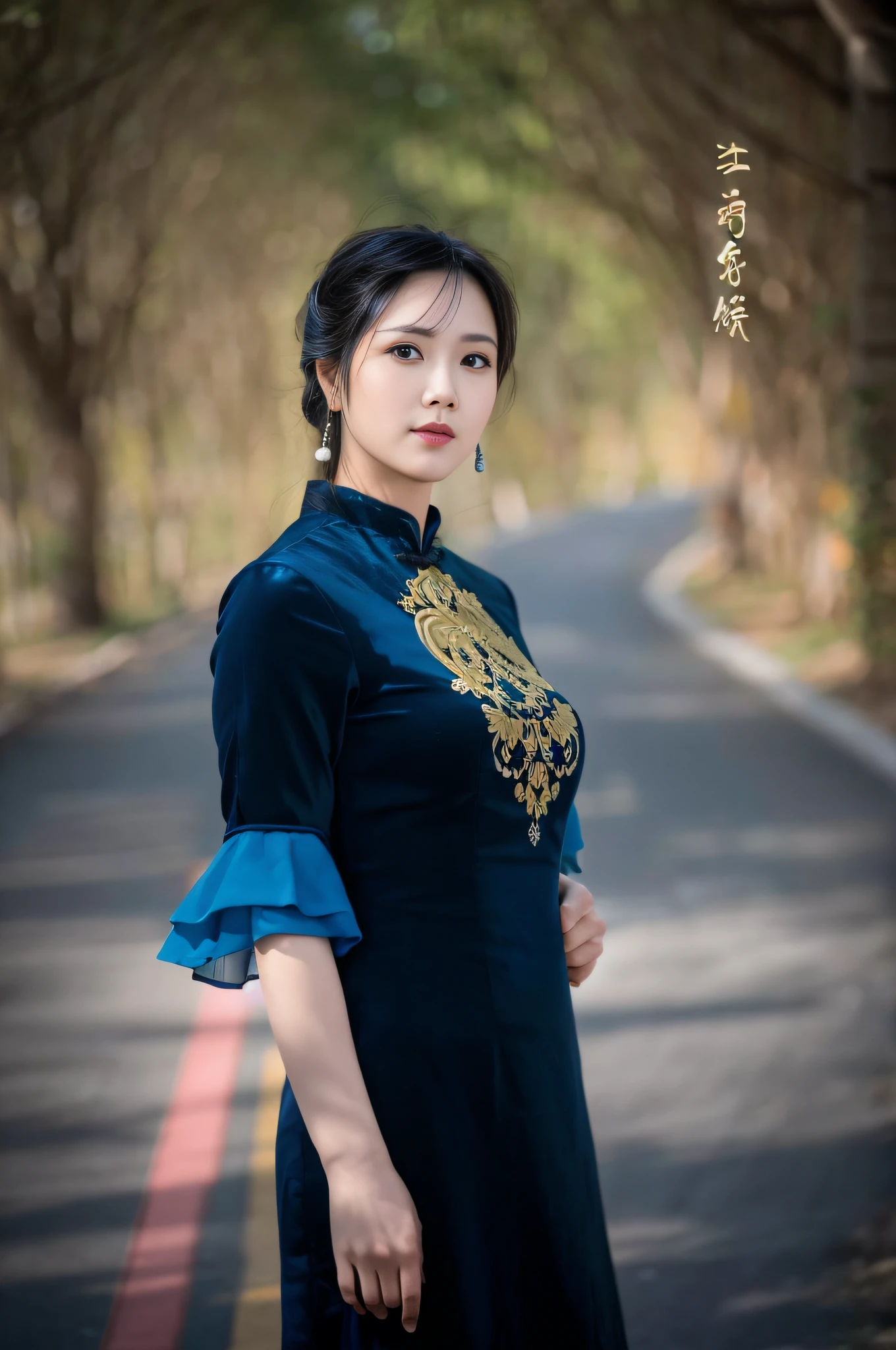 An Arad woman in a blue dress stands on the road, wearing a blue qipao dress, in a blue qipao, Cheongsam, song nan li, inspired by Zhang Zeduan, Yun Ling, cover photo portrait of du juan, ao dai, Chinese woman, inspired by Song Xu, inspired by Jiang Tingxi, Inspired by Tang Yifen,4k画质,Ultra HD face detail,Textured skin,HighestQuali,Vertical painting shadows,atmospheric distance sense,Smile confidently,45-year-old middle-aged woman --auto