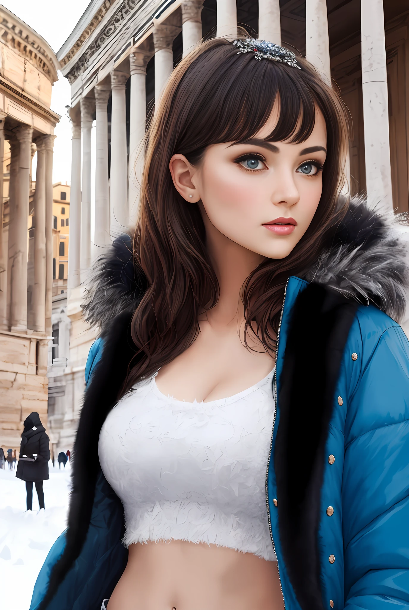 (Positive focus, Original photo), (2girls,duo,navel,At the Pantheon in Rome,crowd,winter,Snowy),Surrealistic Female Portraits by David Hockney and Alphonse Mucha, Fantasy art,Wear gorgeous furs, (Blue pupil: 1.4, shiny pupils: 1.4, Big eyes: 1.1), Photo fidelity, Dynamic lighting, Art Station, poster for, voluminetric lighting, Very detailed face, 4K, Award-winning, Shadows, understated, (official outfit: 1.4, Gorgeous fur, Complex clothing, Furs), Looking at the camera, Bust Up Shot, (Realistic face)),