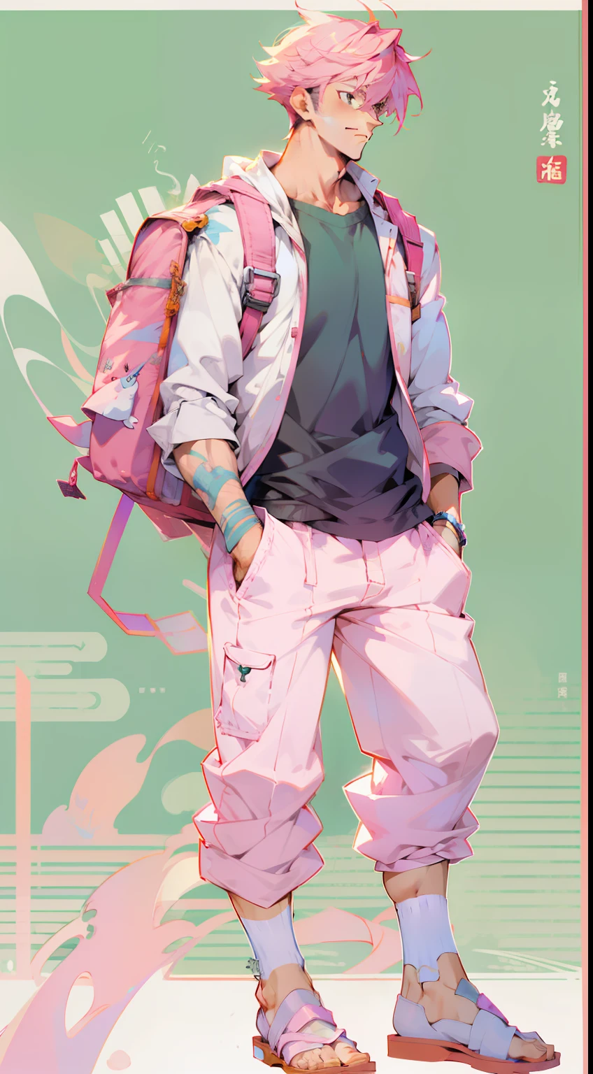 Illustration style，Anime characters，Full body like，Full body illustration，Baby Pink Hair，Handsome man，bookbag，独奏，musculature，Handsome，hight resolution