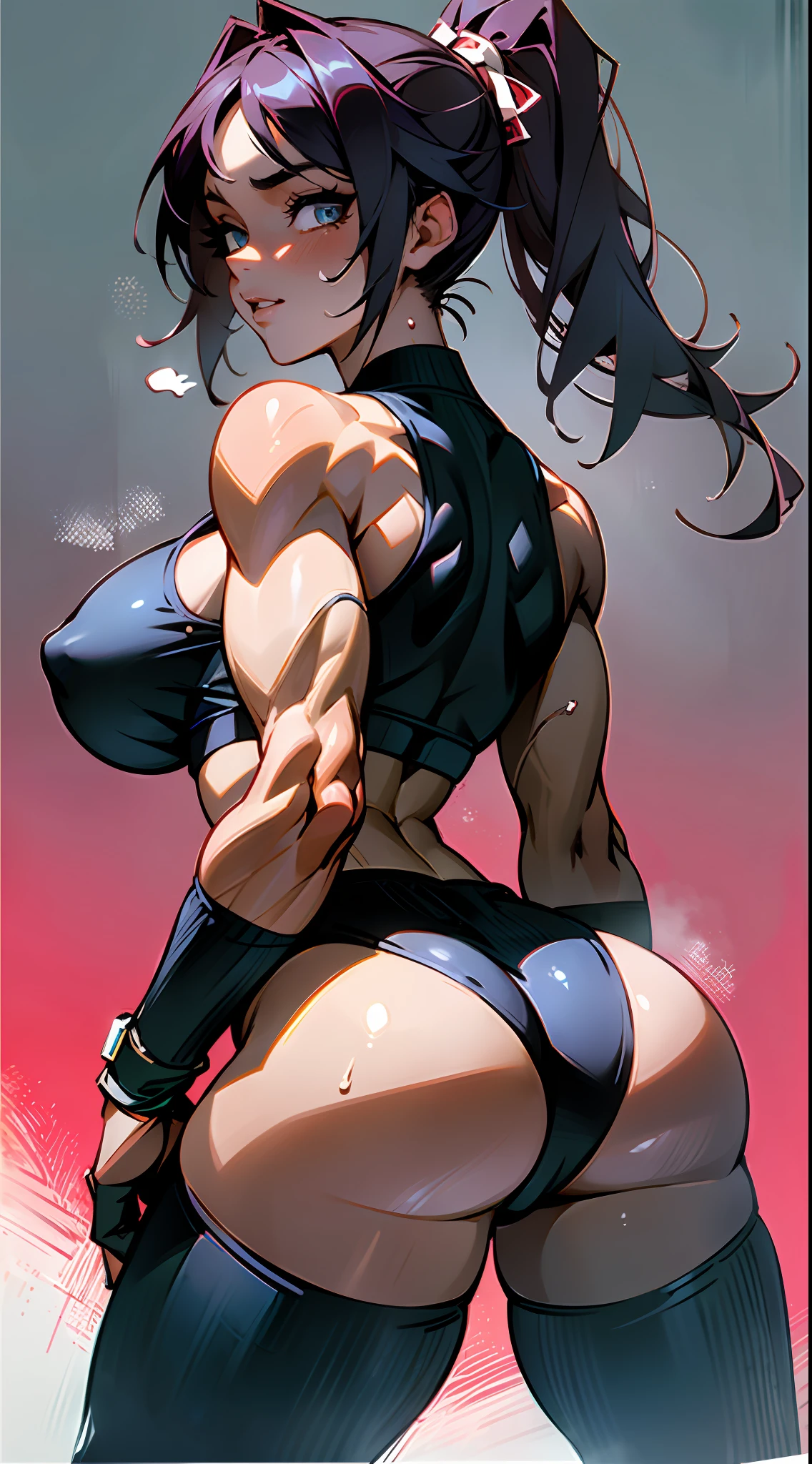 (High resolution), (in 8K), (Extreme Detail), (Best Illustration), (beautiful detail), (Best Quality), (masuter piece), ( Detailed face), ((dark skinned female)),poneyTail、(Sportsbra、Sports pants)Vicious look、full body Esbian、((posterior view、backs、sticking out the buttocks、Looking back))Realistic fantasy rendering, Realistic anime girl rendering, Full body portrait, (Big Breast: 1.4) popular in CGSTATION, 4K,highlight in eyes、sports gym、Sweating、Rough breath