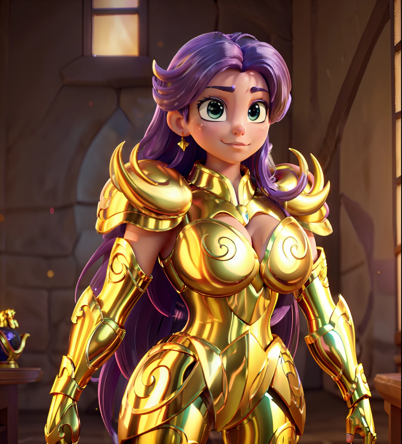 Plump breasts， Ultra-high saturation（tmasterpiece）， fully body photo，（best qualtiy）， （1girll），super wide shot， sface focus， Wearing golden Aries armor， sexy armor，No underwear，Naked，Bling armor，Fine fine skin，Expose your chest，Expose the waistline，Exposing thighs，cool-pose， Saint Seiya Armor， messy  hair，highly detailed realistic photograph of,god light, super sharp focus, Ultra high quality, vibrant, (extremely giant breasts:1.7), (Bare breasts:1.4), Shiny latex, , Long hair, (Shiny skin:1.4), shiny lip, Very big ass, Symmetrical detail surface, shades, Sexy, Masterpiece，Ultra-high saturation，hight contrast，High-gloss armor，Smooth skin，Enchanted expression，Purple colored hair，The shoulder armor has outward-facing gold sharp horns，The shoulders curve outwards with golden sharp corners，Pixar style, photo of a stunning beautiful Brazilian woman supermodel character, honey eyes, long messy windy light brown hair, flipping hair, Close-up zoom in (Masterpiece:1.2) (Photorealistic:1.2) (Bokeh:1.2) (Best quality) (Color grading) (Detailed skin:1.3) (Intricate) (8K) (hdr) (Cinematic lighting:1.3) (Sharp focus), messy windy hair, cute big circular reflective eyes, Pixar render, unreal engine cinematic smooth, intricately details